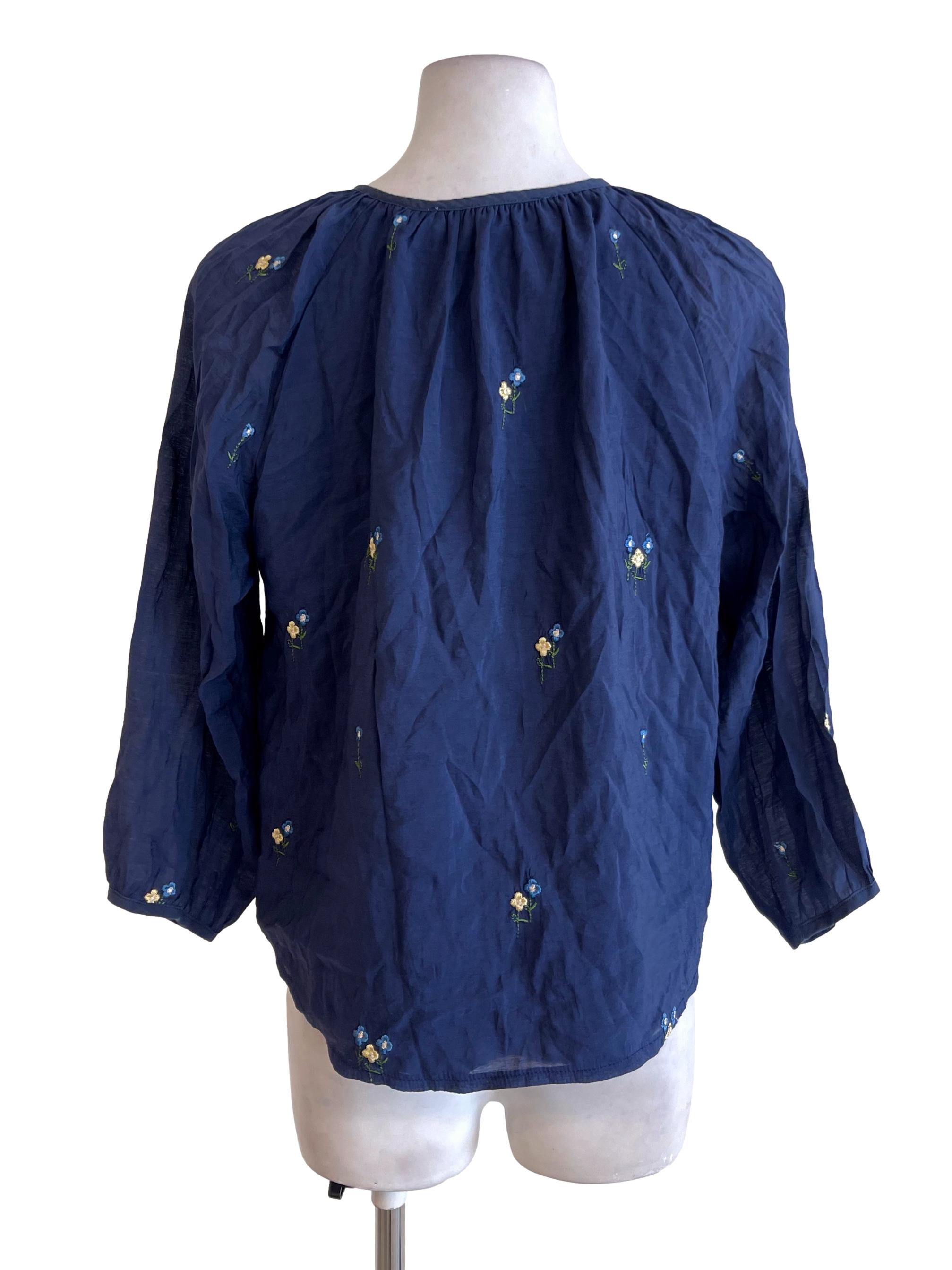 Navy Blue Floral Embroidered Button Down Top