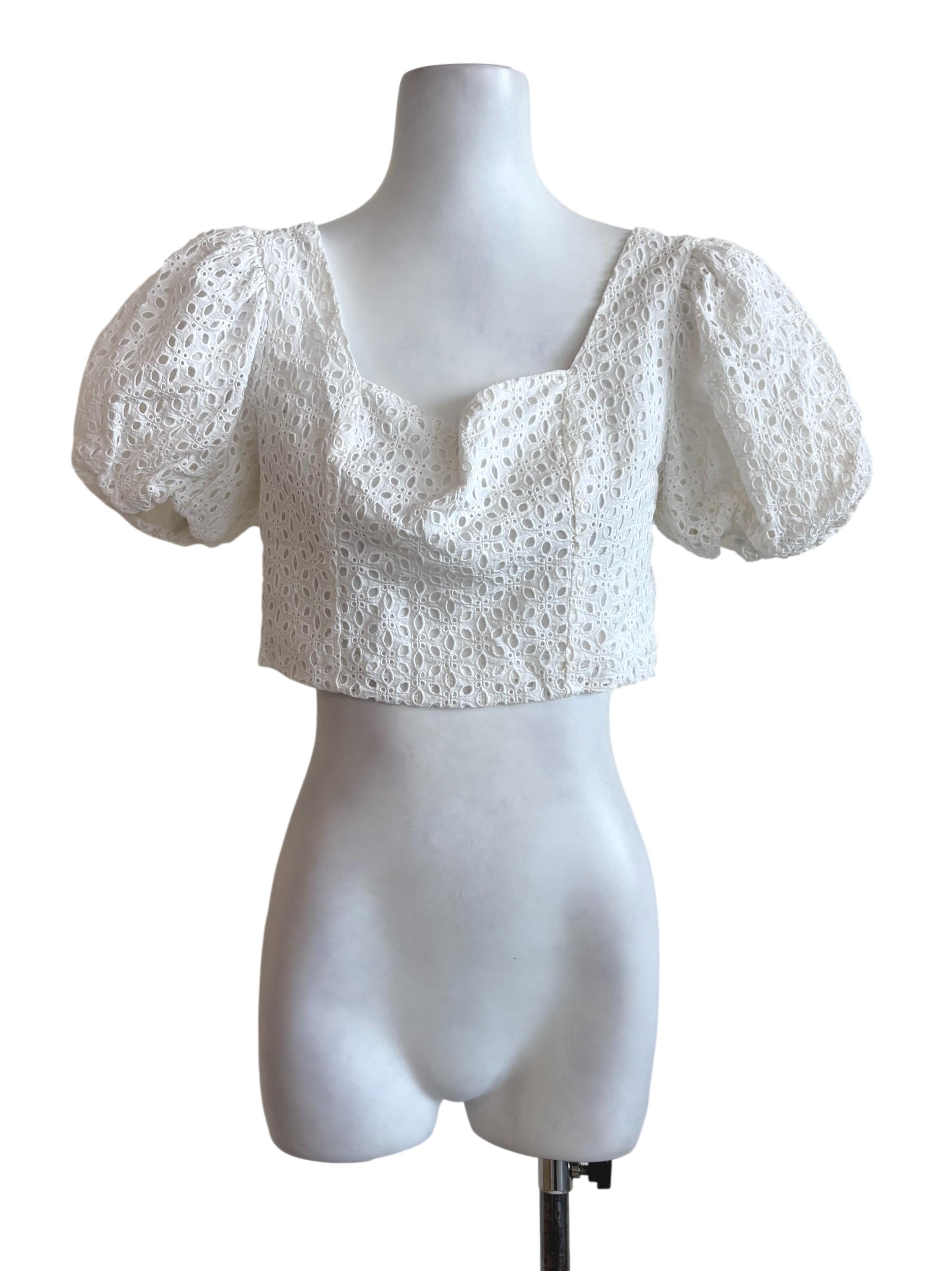 White Eyelet Puffed Sleeve Crop Top
