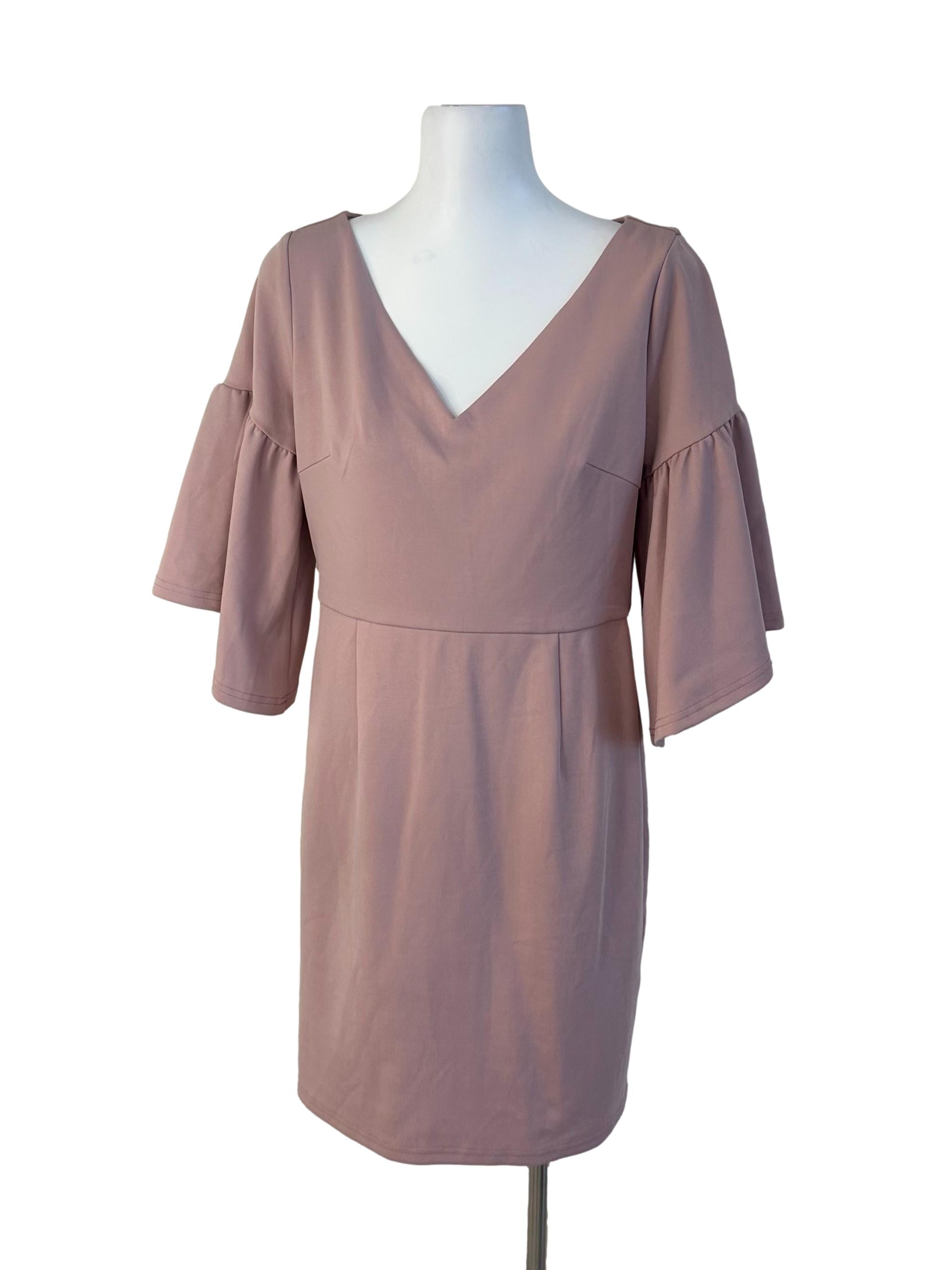 Soft Pink Plain V Neck Dress