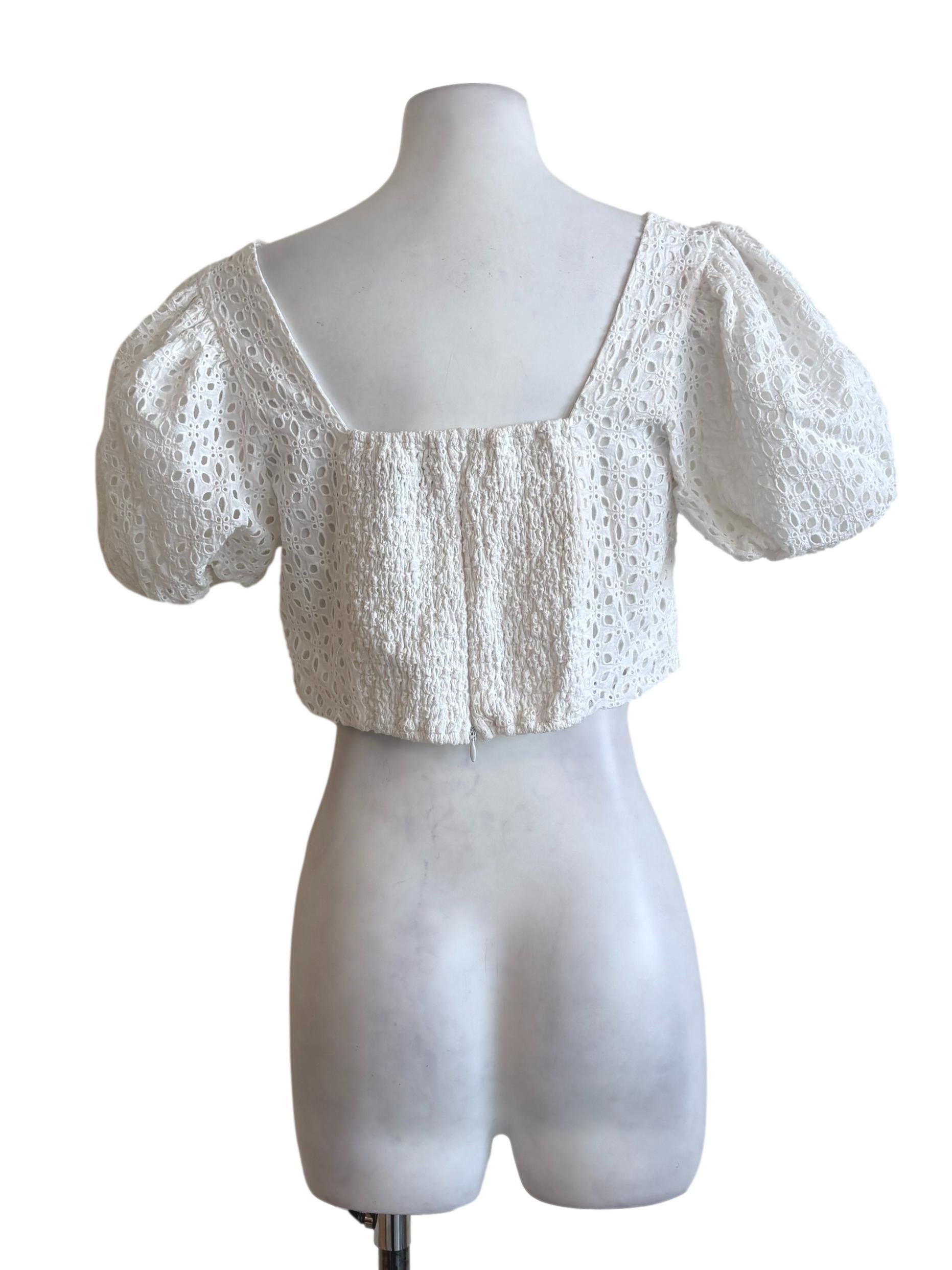 White Eyelet Puffed Sleeve Crop Top