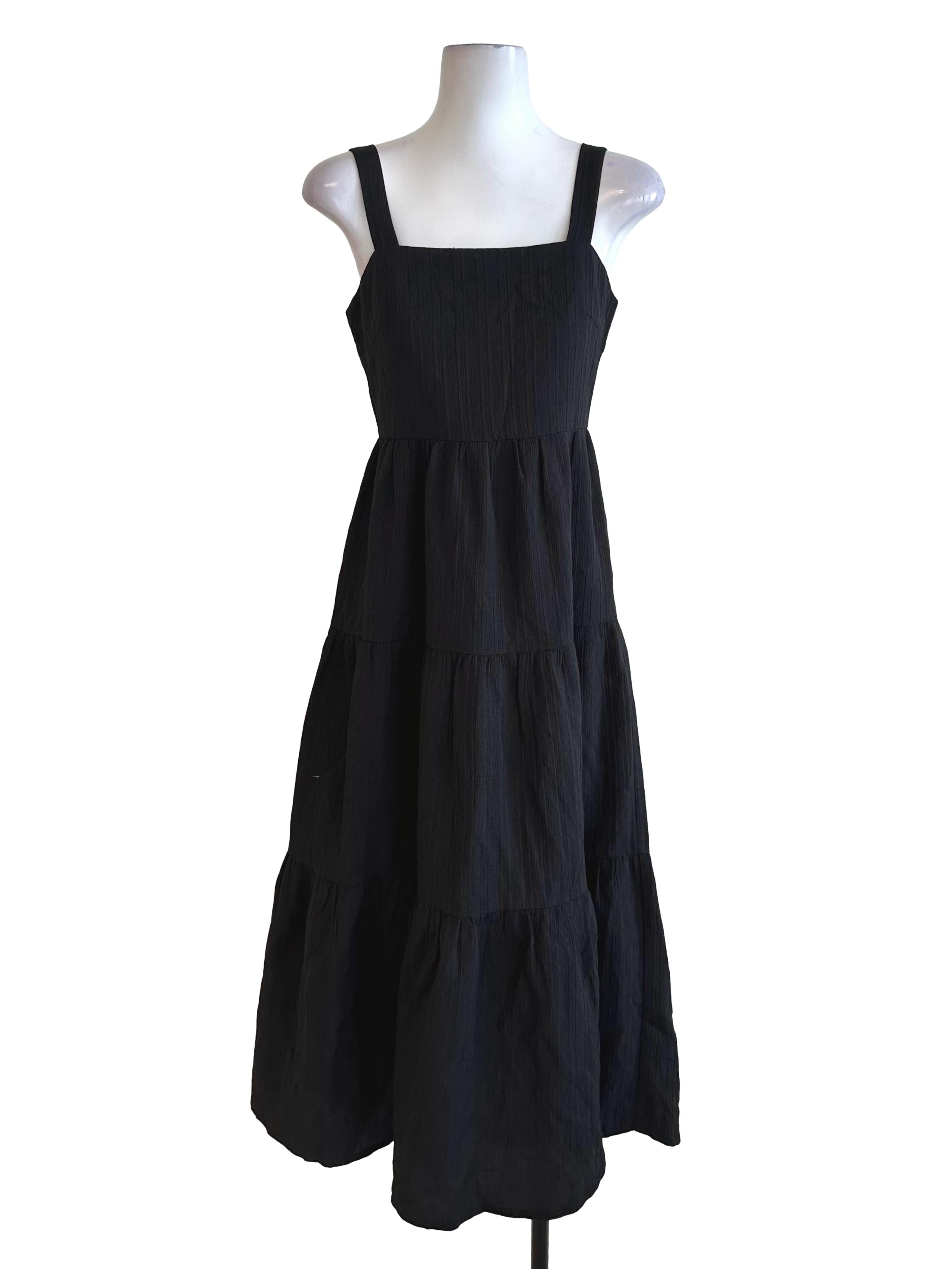 Raven Black Square Neck Textured Tiered Dress
