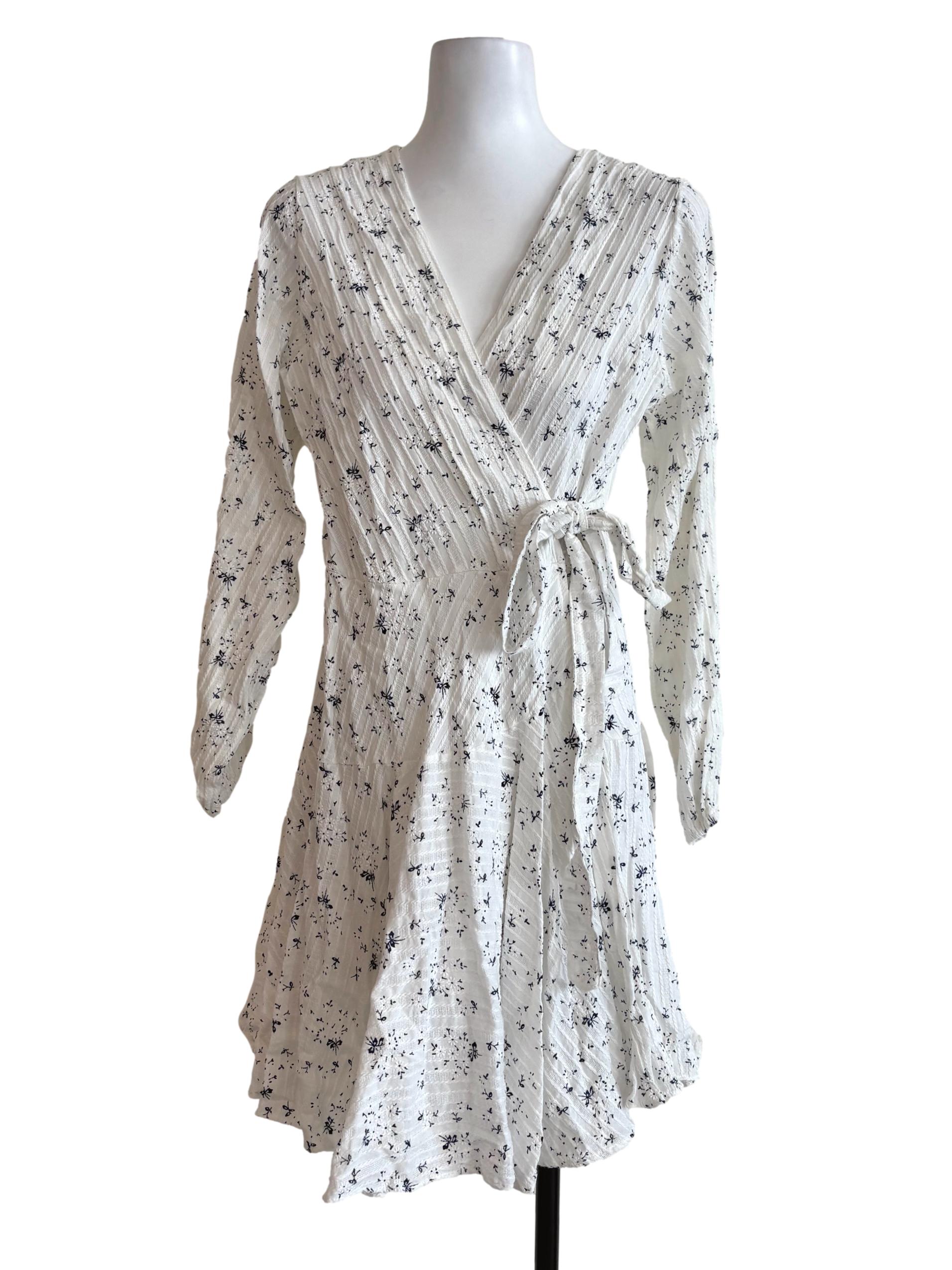 White Textured Floral Wrap Dress