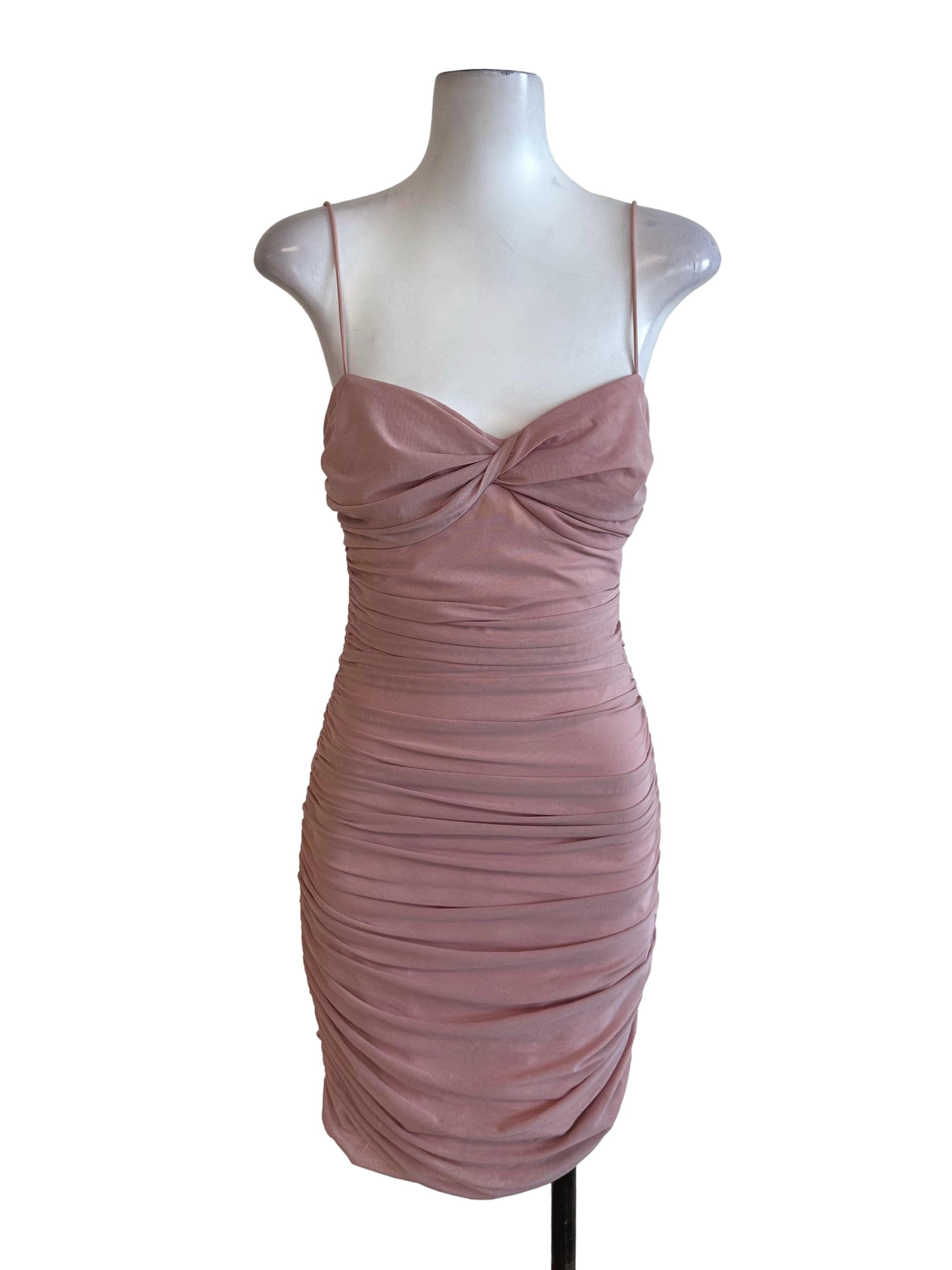 Dusty Pink Drape Ruched Mesh Net Dress