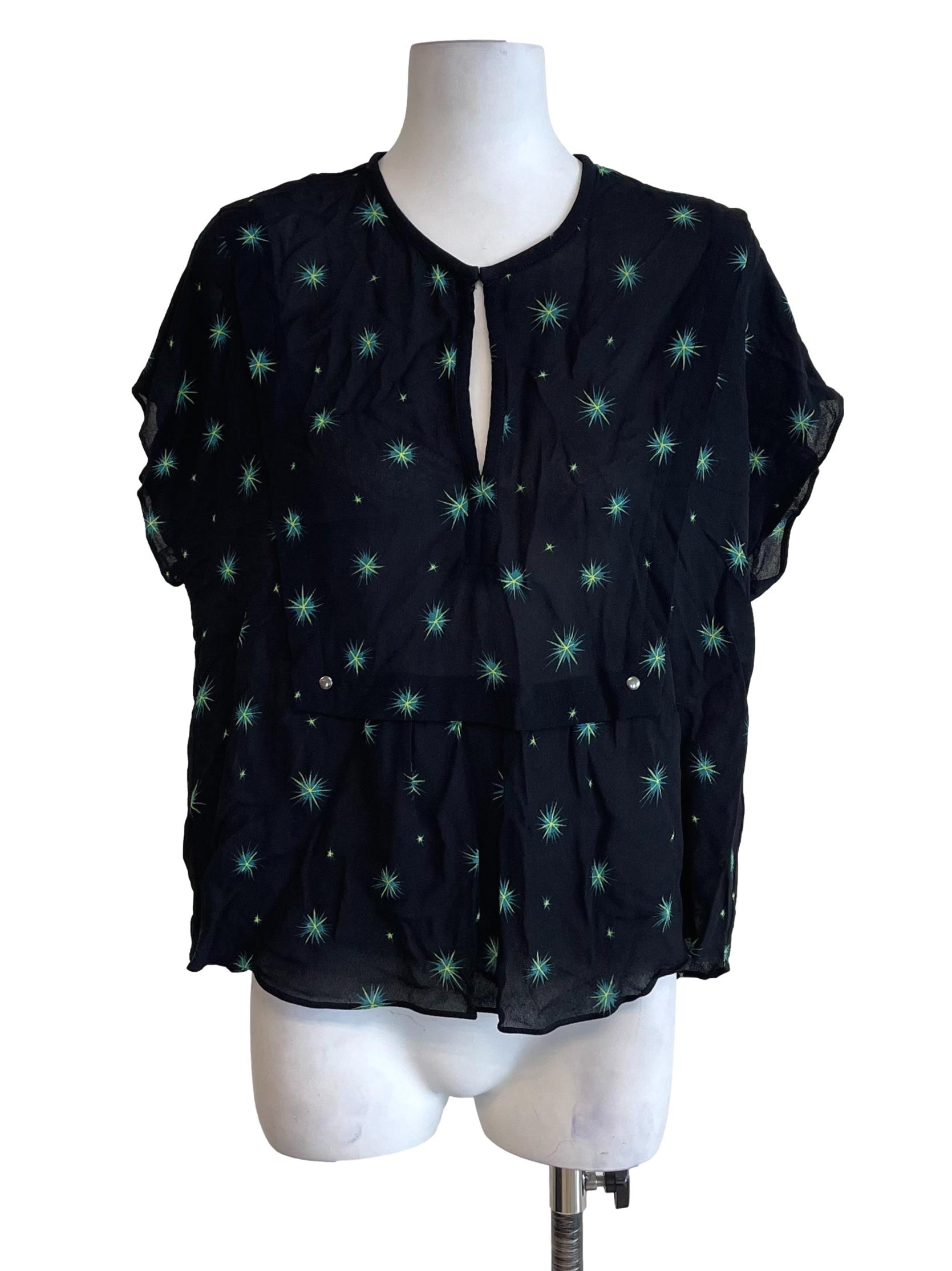 Black Sparkles Print Peasant Top