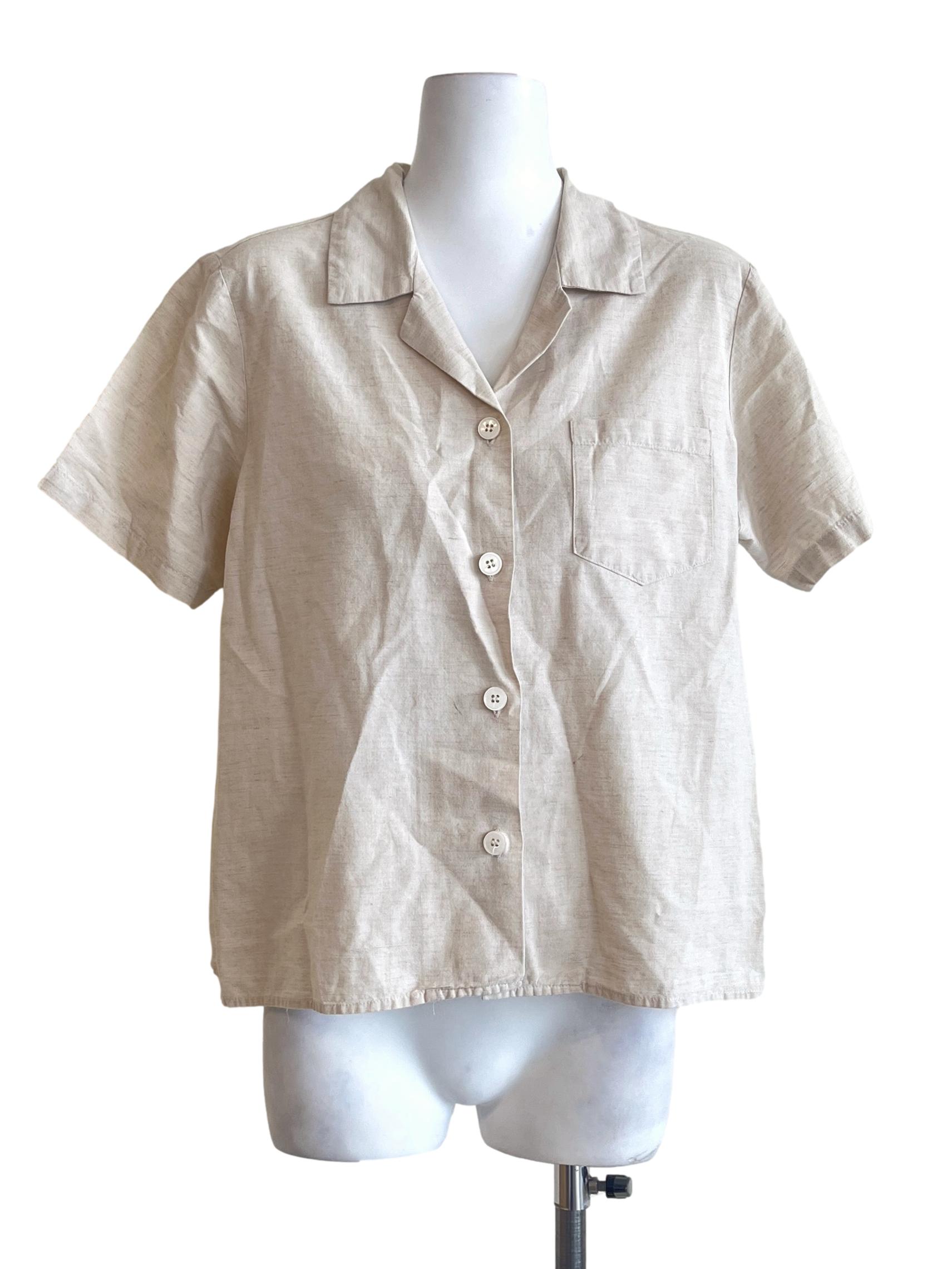 Beige White Shirt Sleeve Blouse
