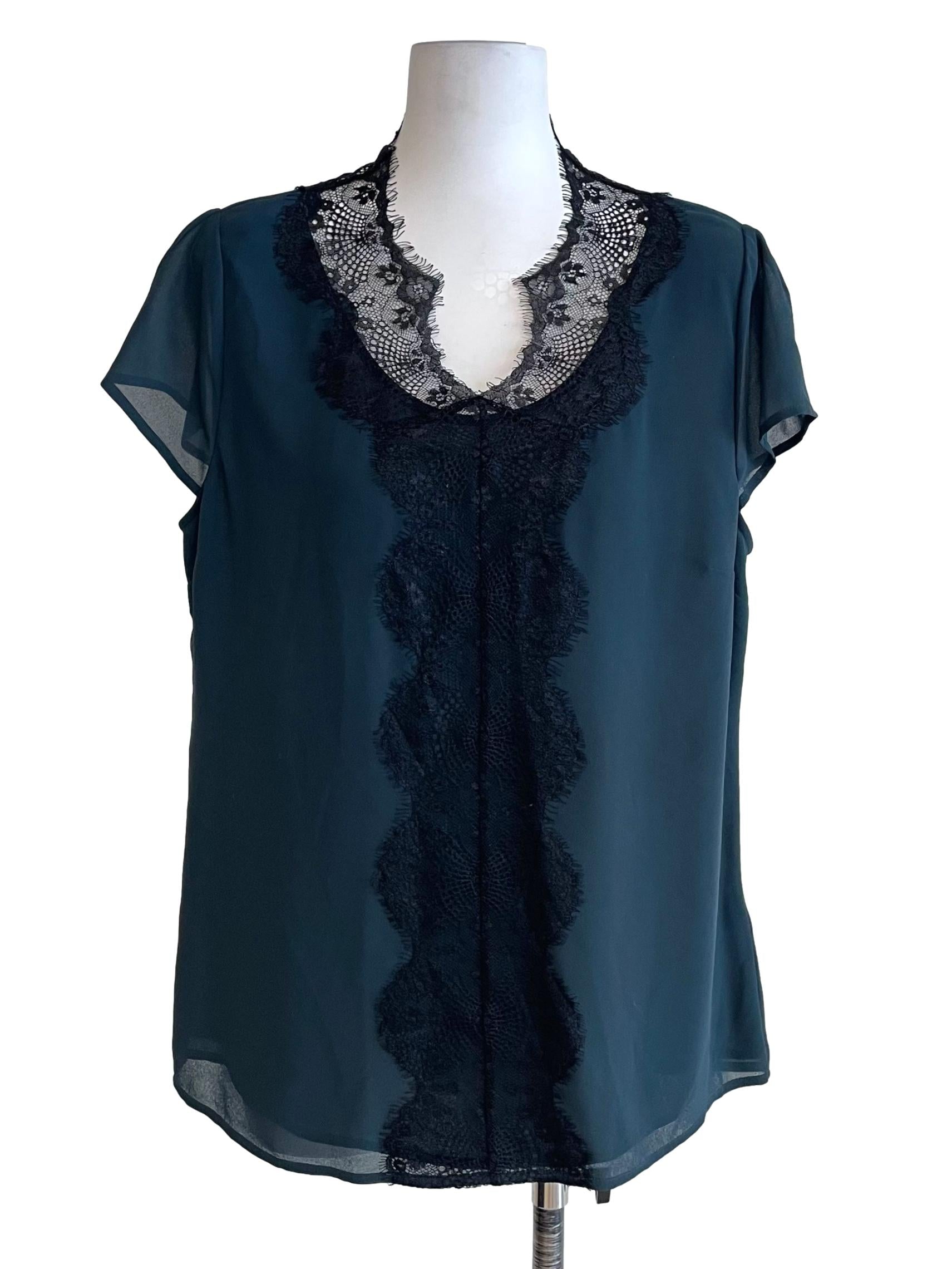 Pine Green Eyelash Lace V Neck Top