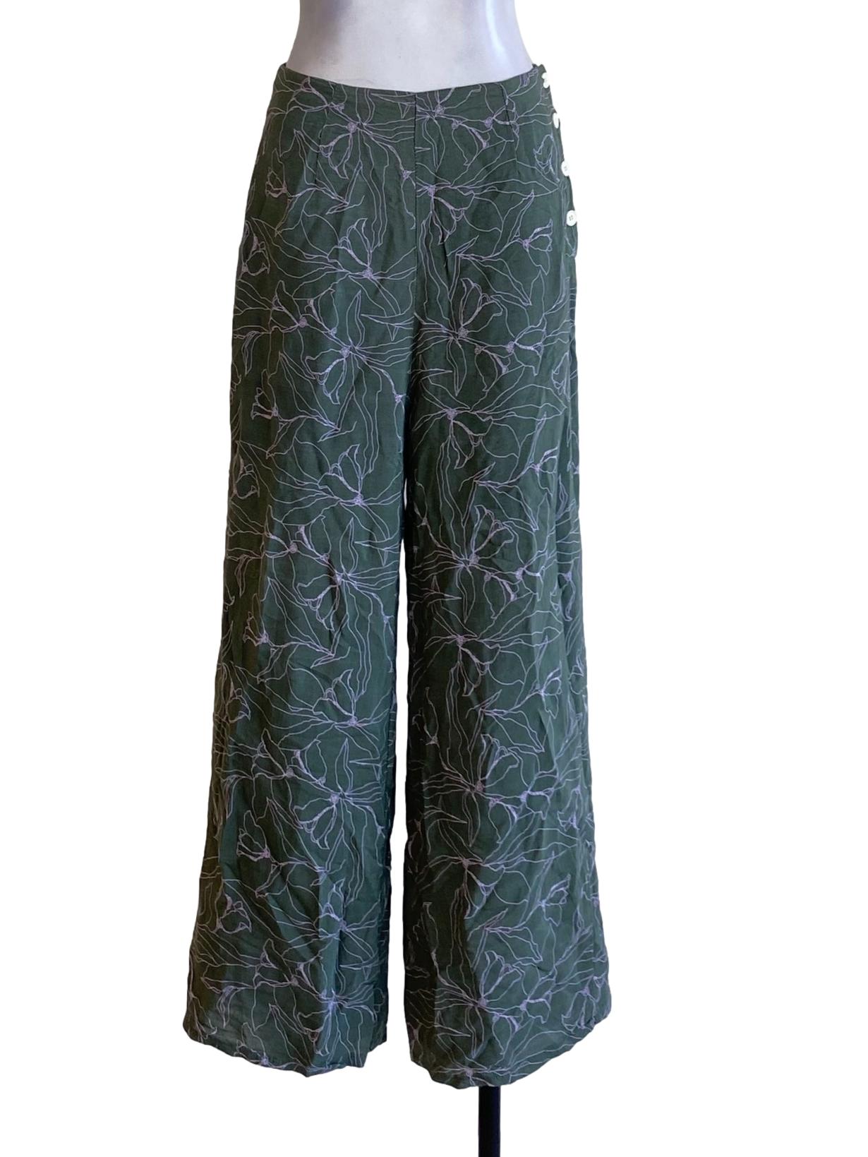 Seaweed Green Printed Buttoned Down Loose Pants