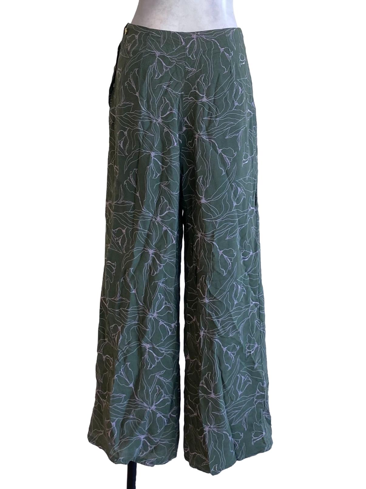 Seaweed Green Printed Buttoned Down Loose Pants