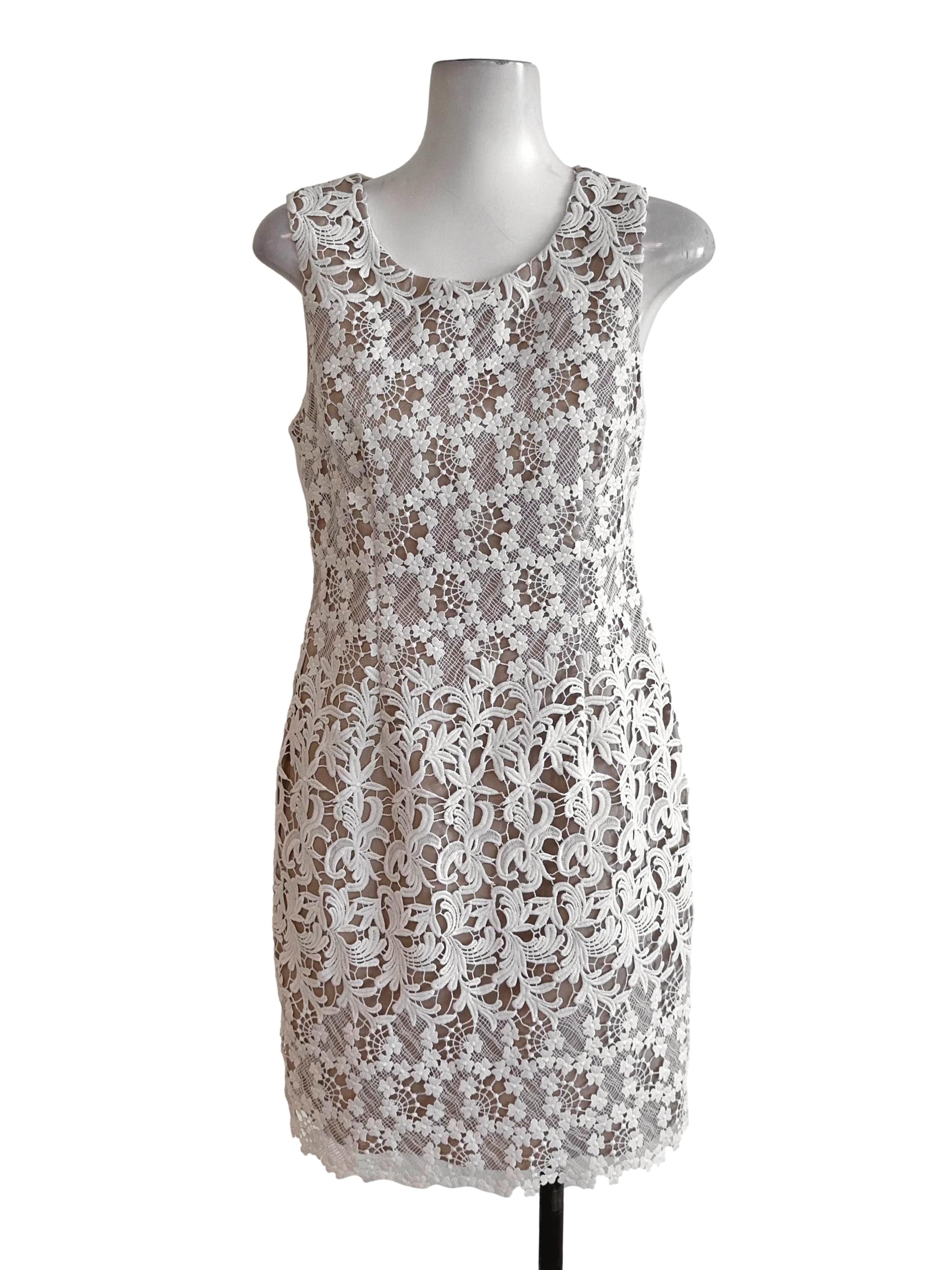 White Beige Lace Round Neck Dress