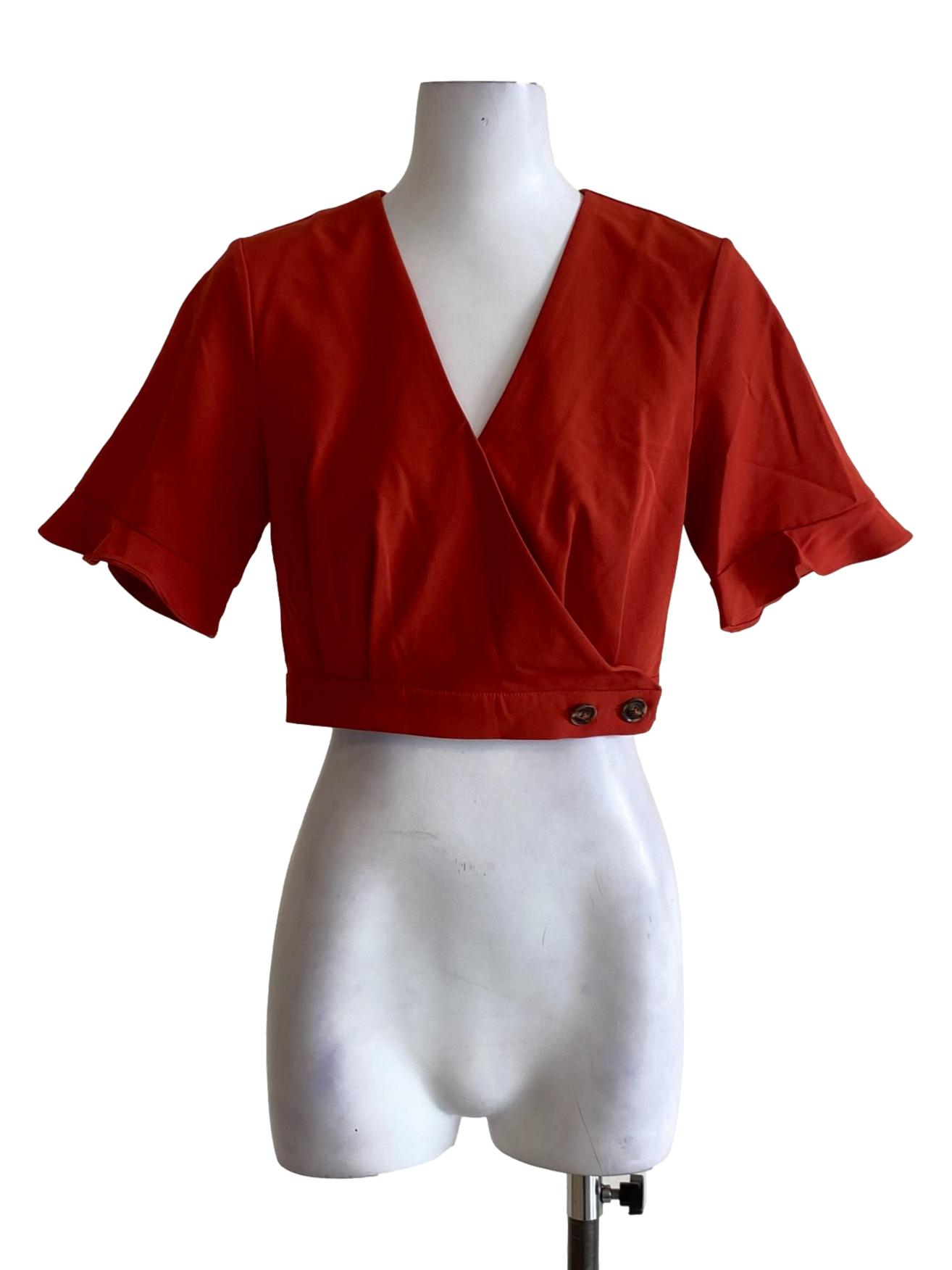Squash Orange V-Neck Buttoned Cape Sleeve Cropped Top