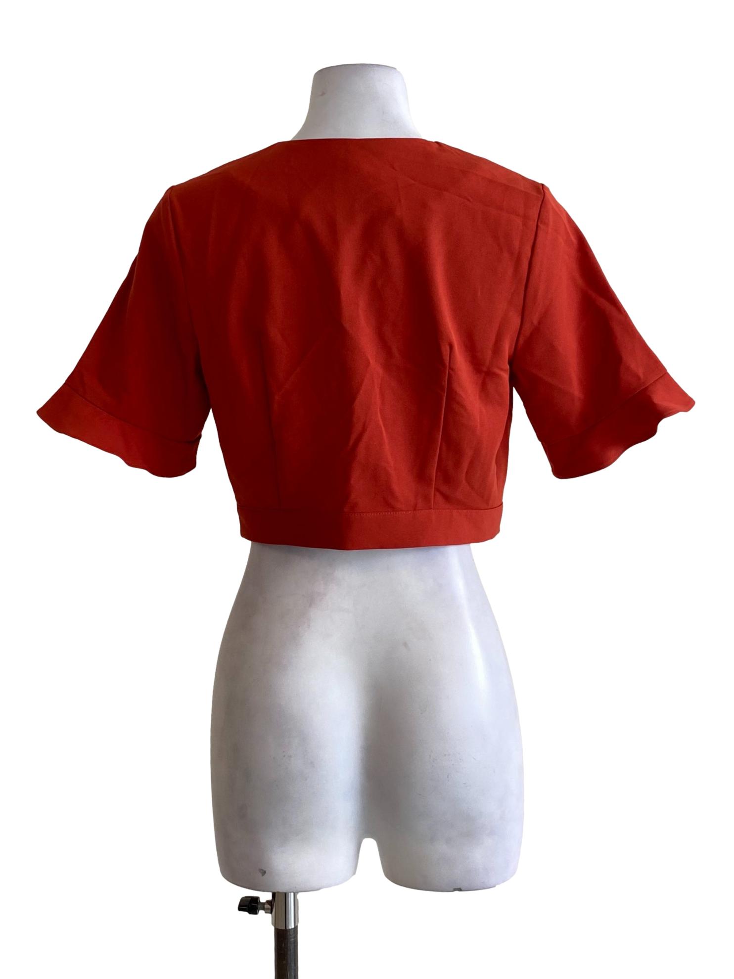 Squash Orange V-Neck Buttoned Cape Sleeve Cropped Top