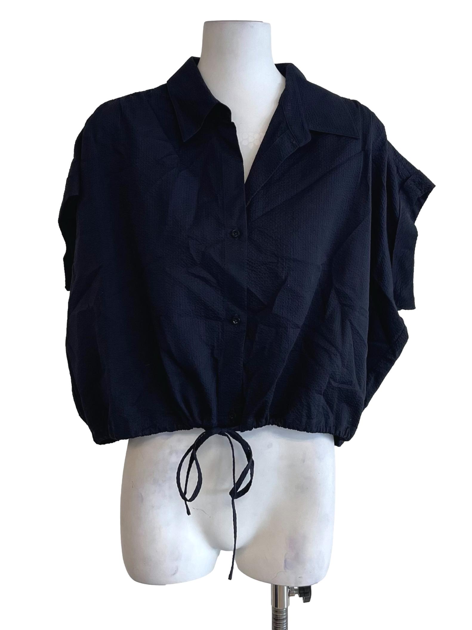 Dark Navy Textured Tie String Crop Shirt