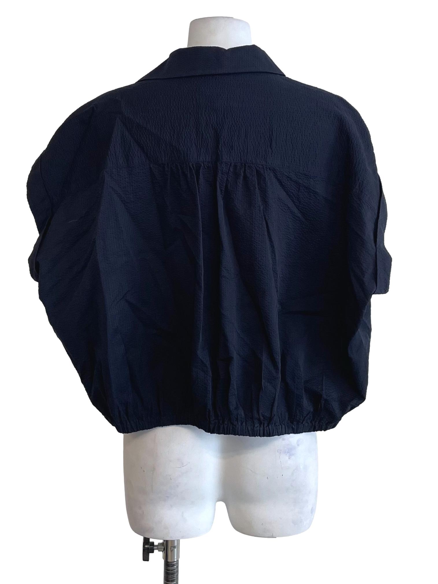 Dark Navy Textured Tie String Crop Shirt