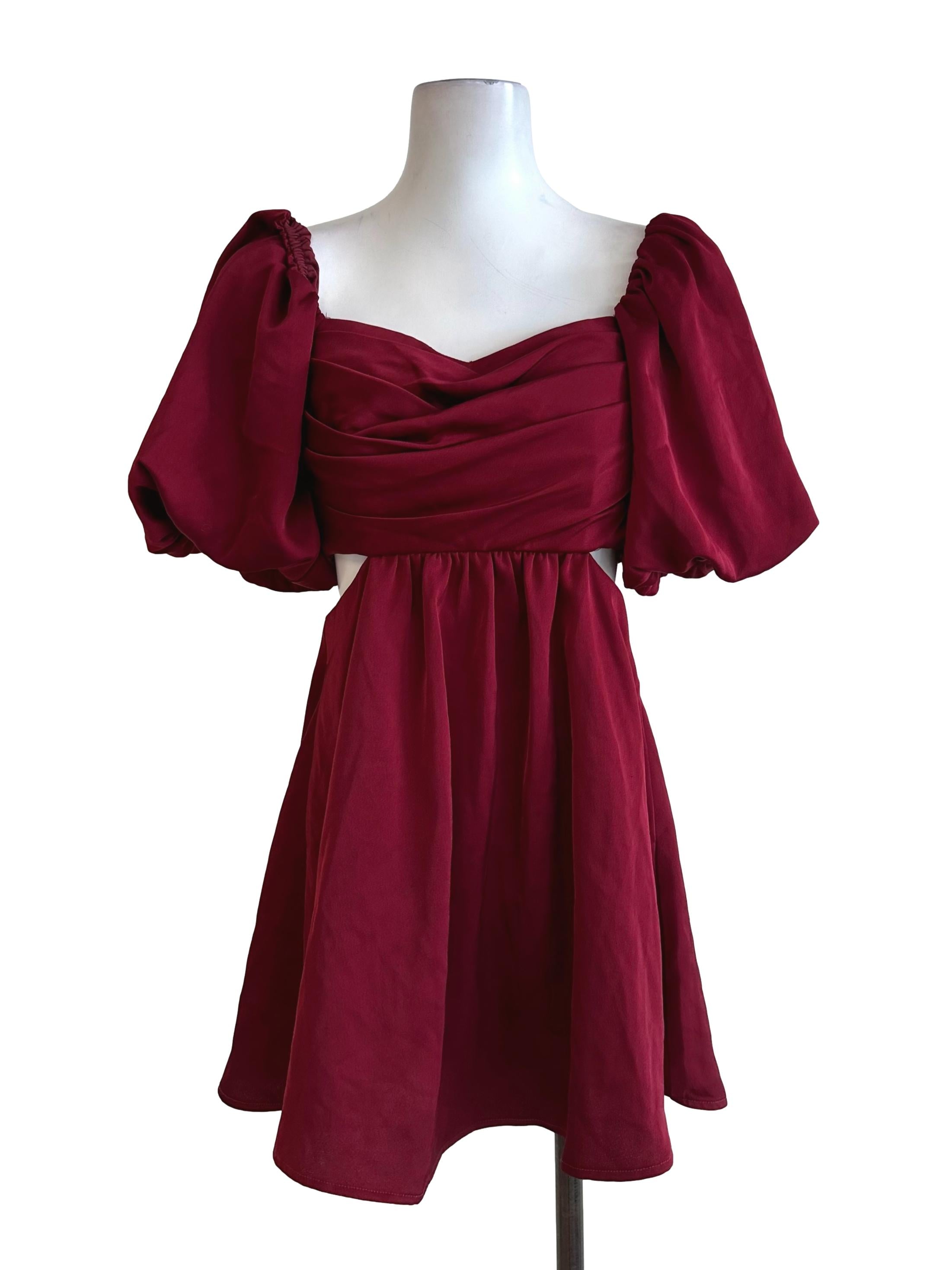 Maroon Red Ruched Puff Sleeve Dress