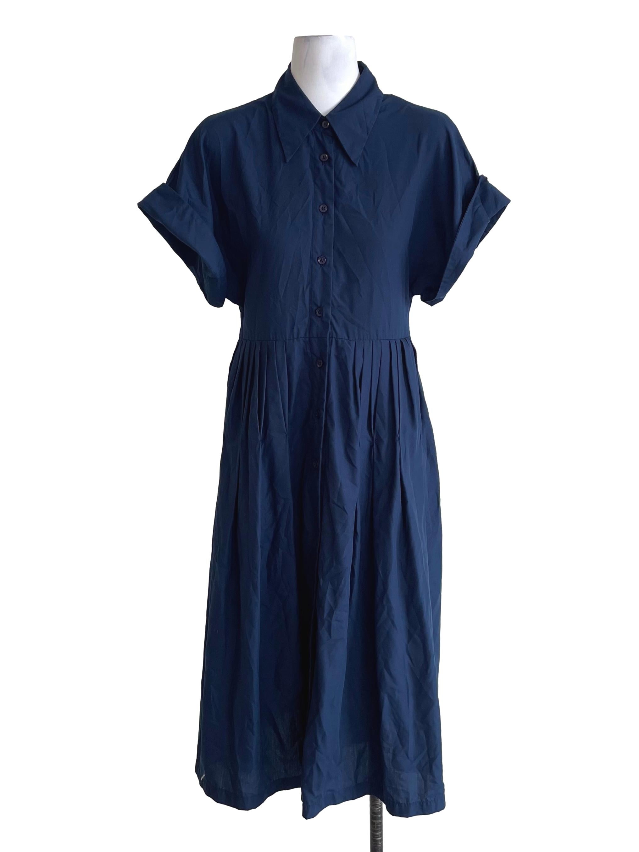 Navy Blue Pleated Cuffed Shirt Dress