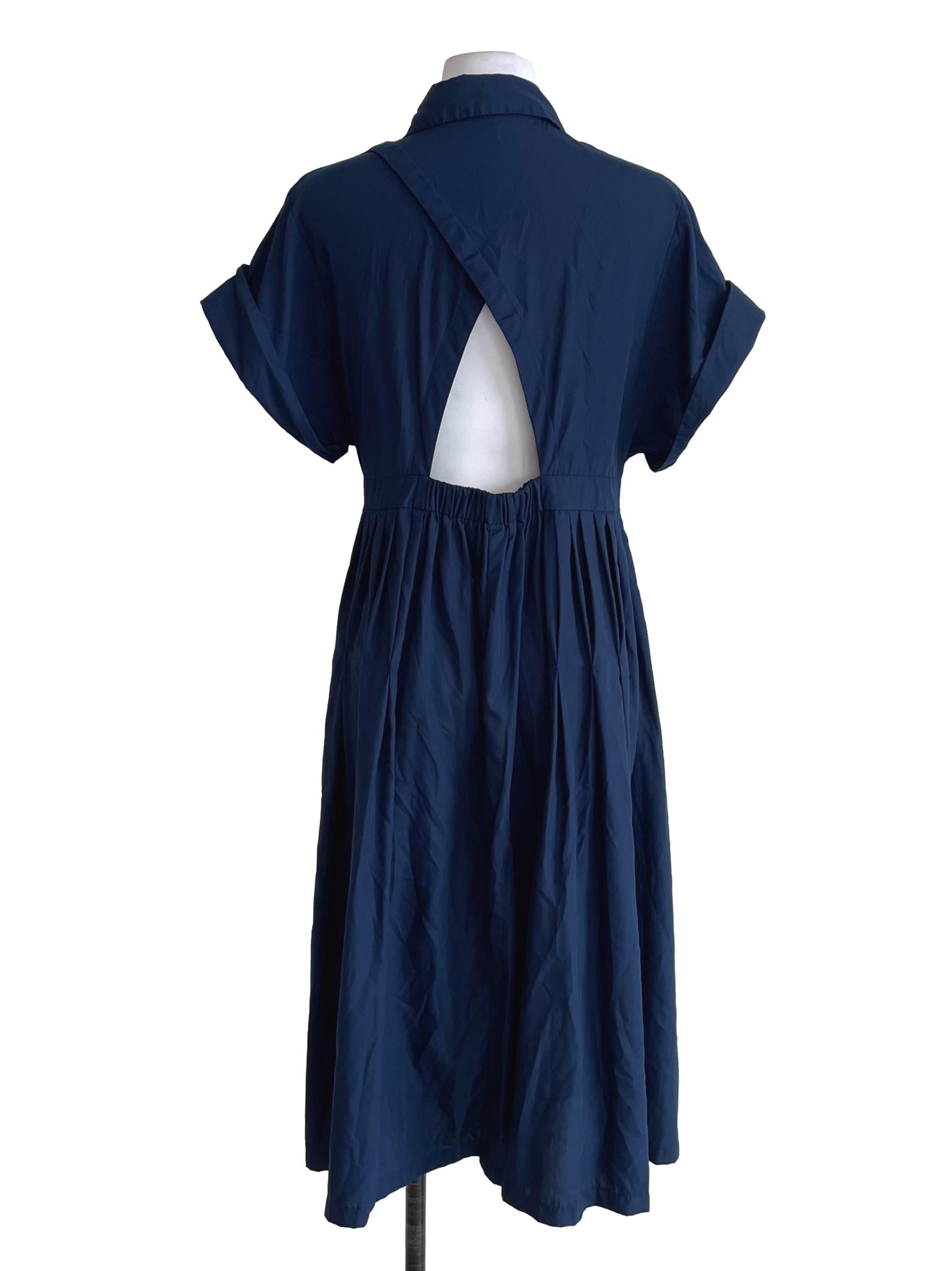 Navy Blue Pleated Cuffed Shirt Dress