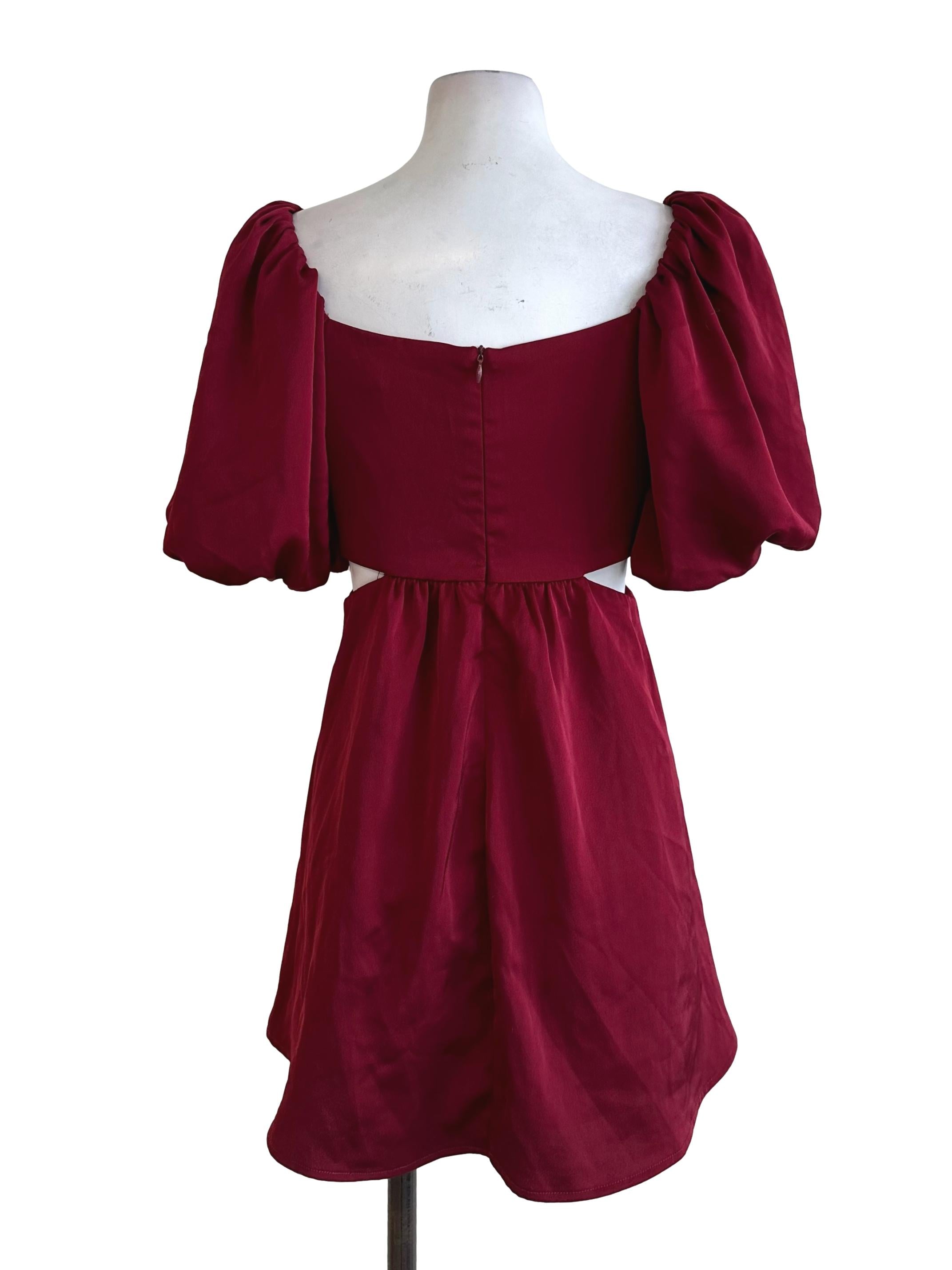 Maroon Red Ruched Puff Sleeve Dress