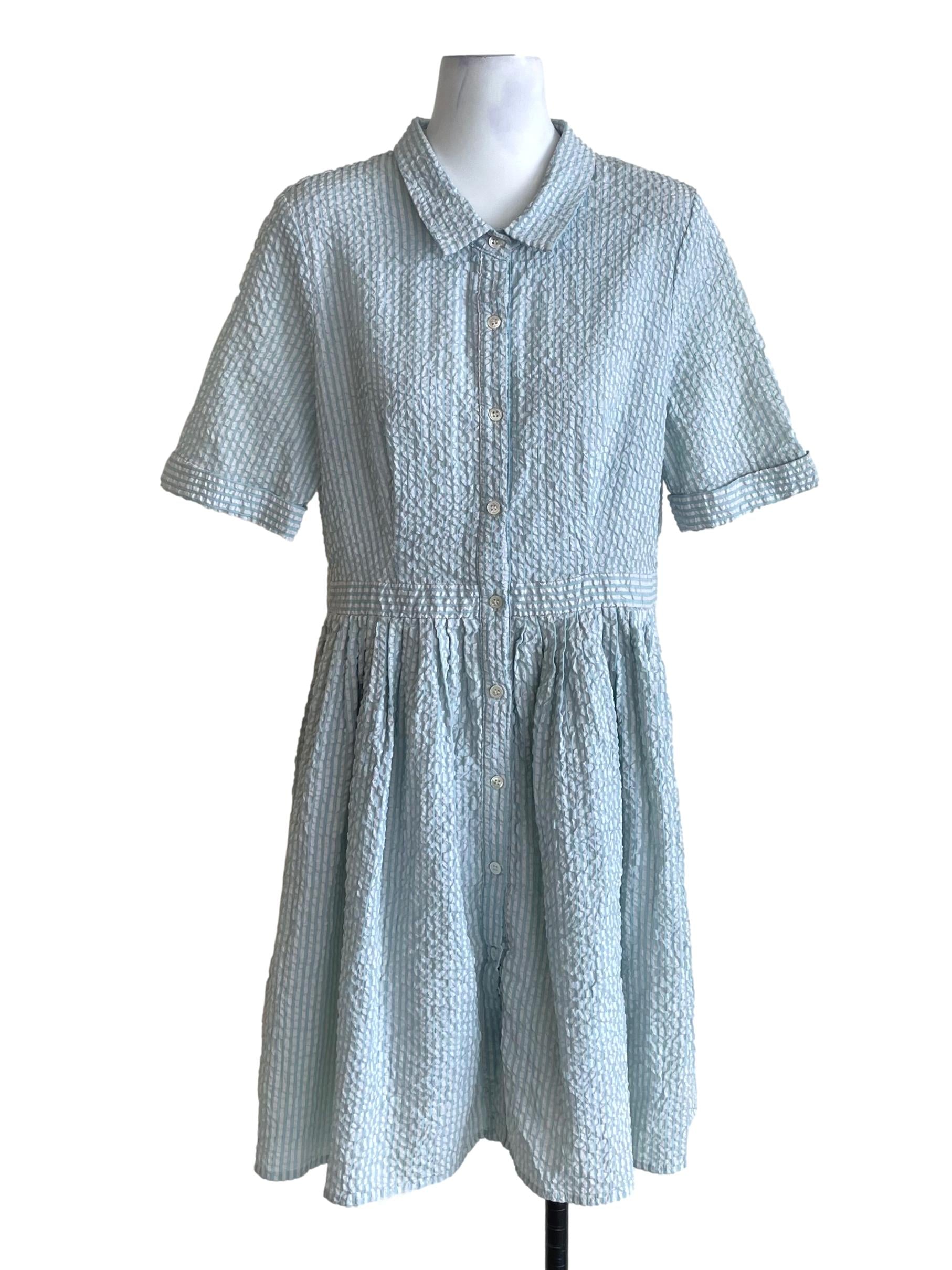 Teal Blue Bengal Stripes Tiered Shirt Dress
