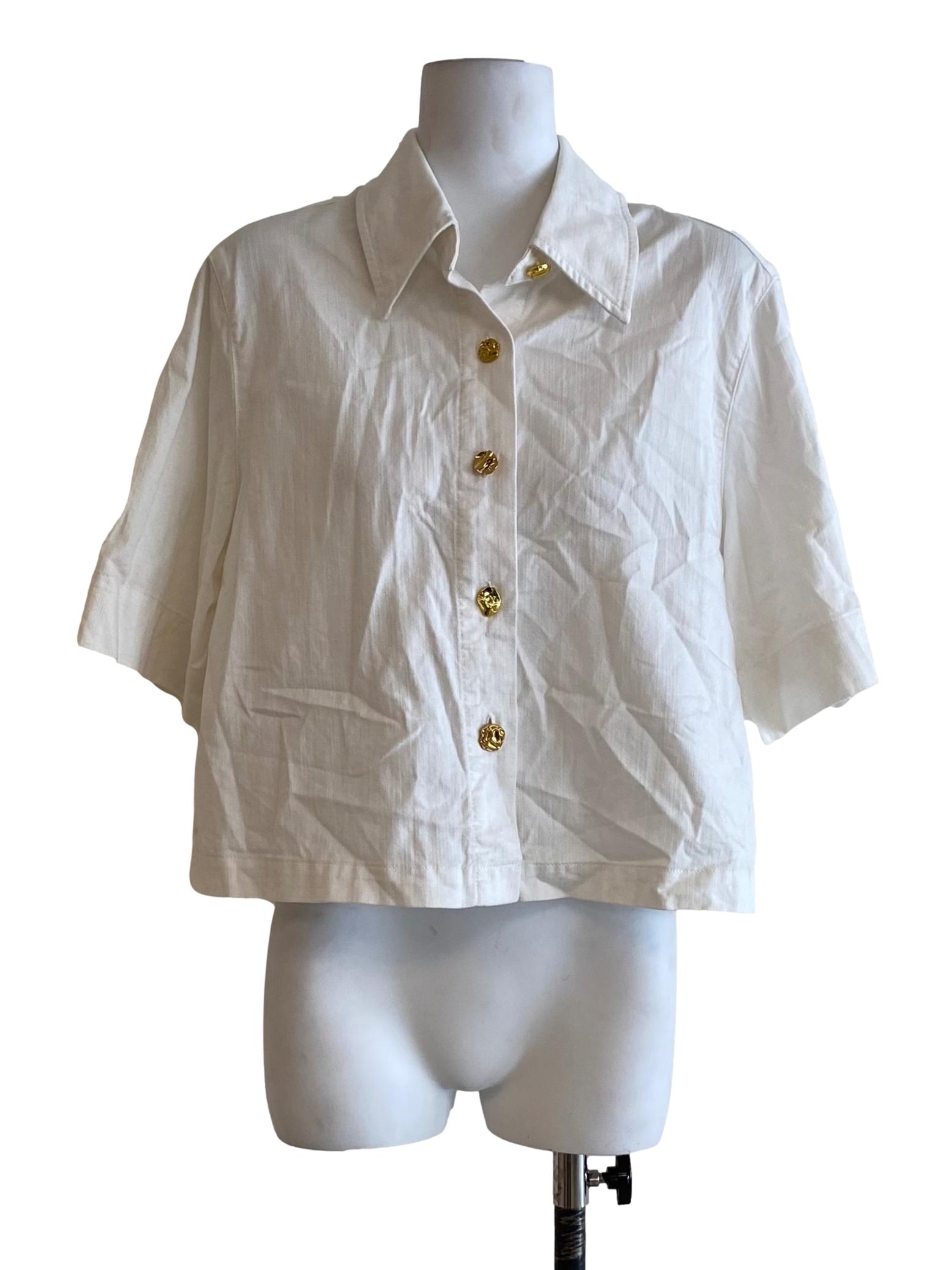 Cotton White Gold Pearl Button Down Top