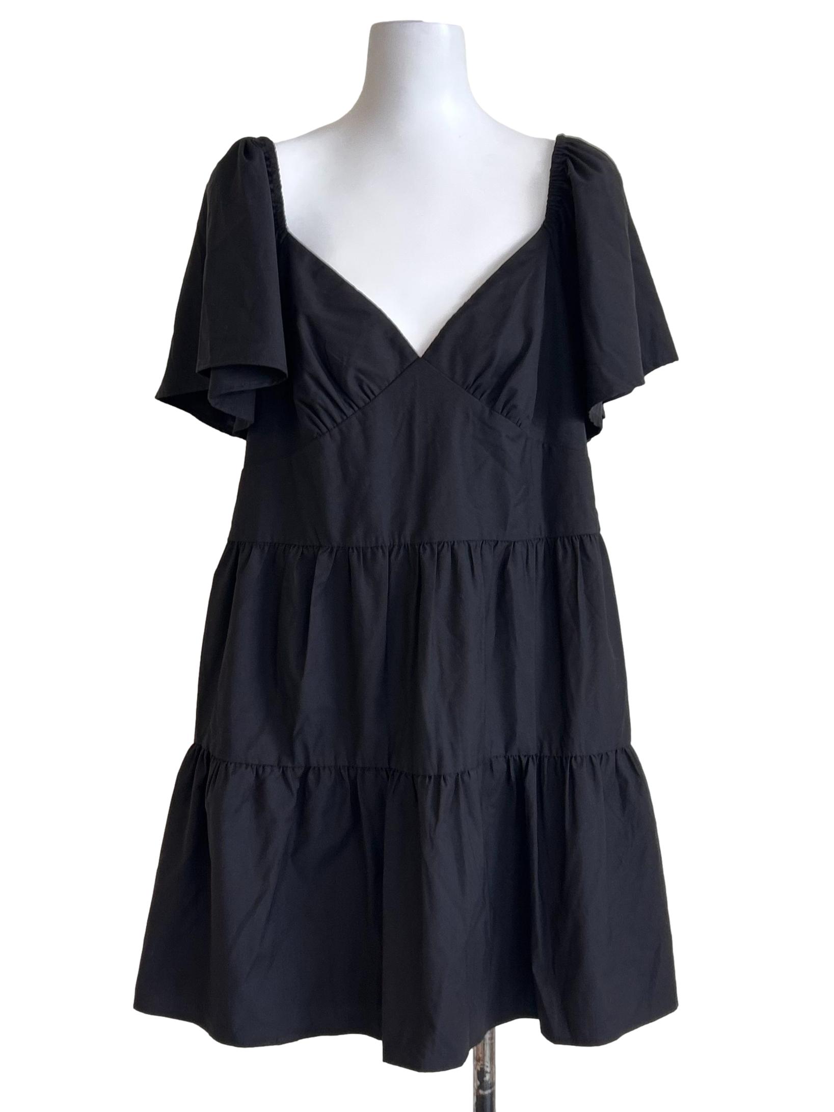 Black Flutter-Sleeved Tiered Mini Dress