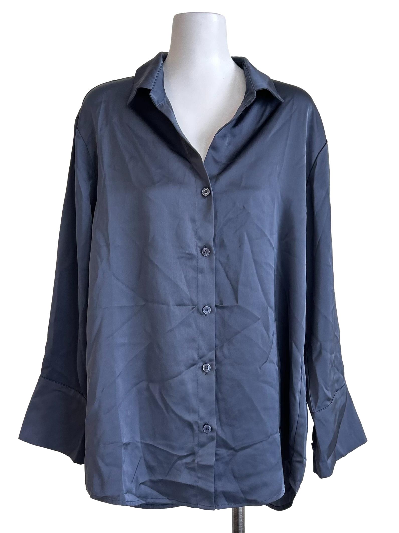 Satin Slate Blue Button-Down Shirt