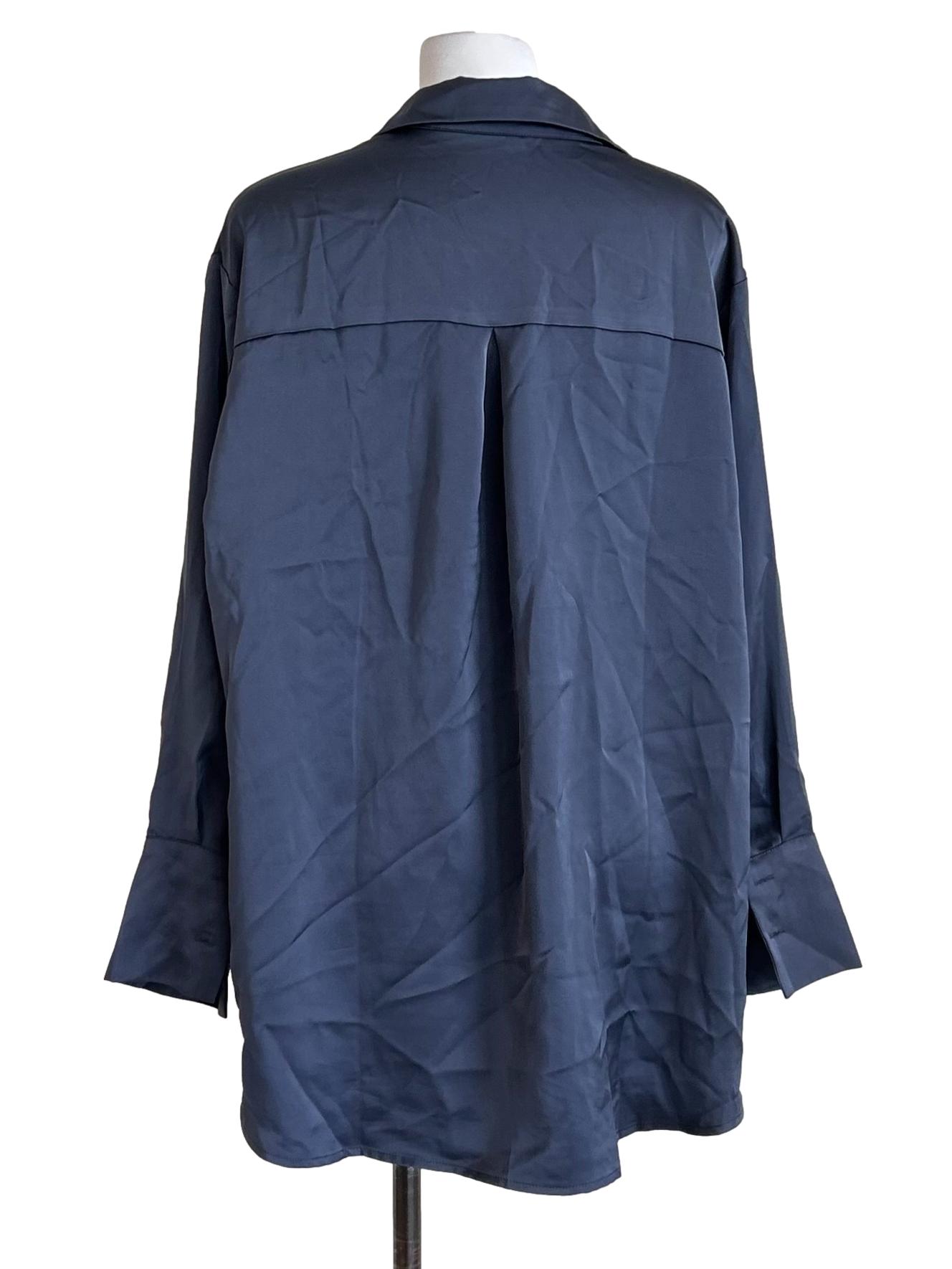 Satin Slate Blue Button-Down Shirt