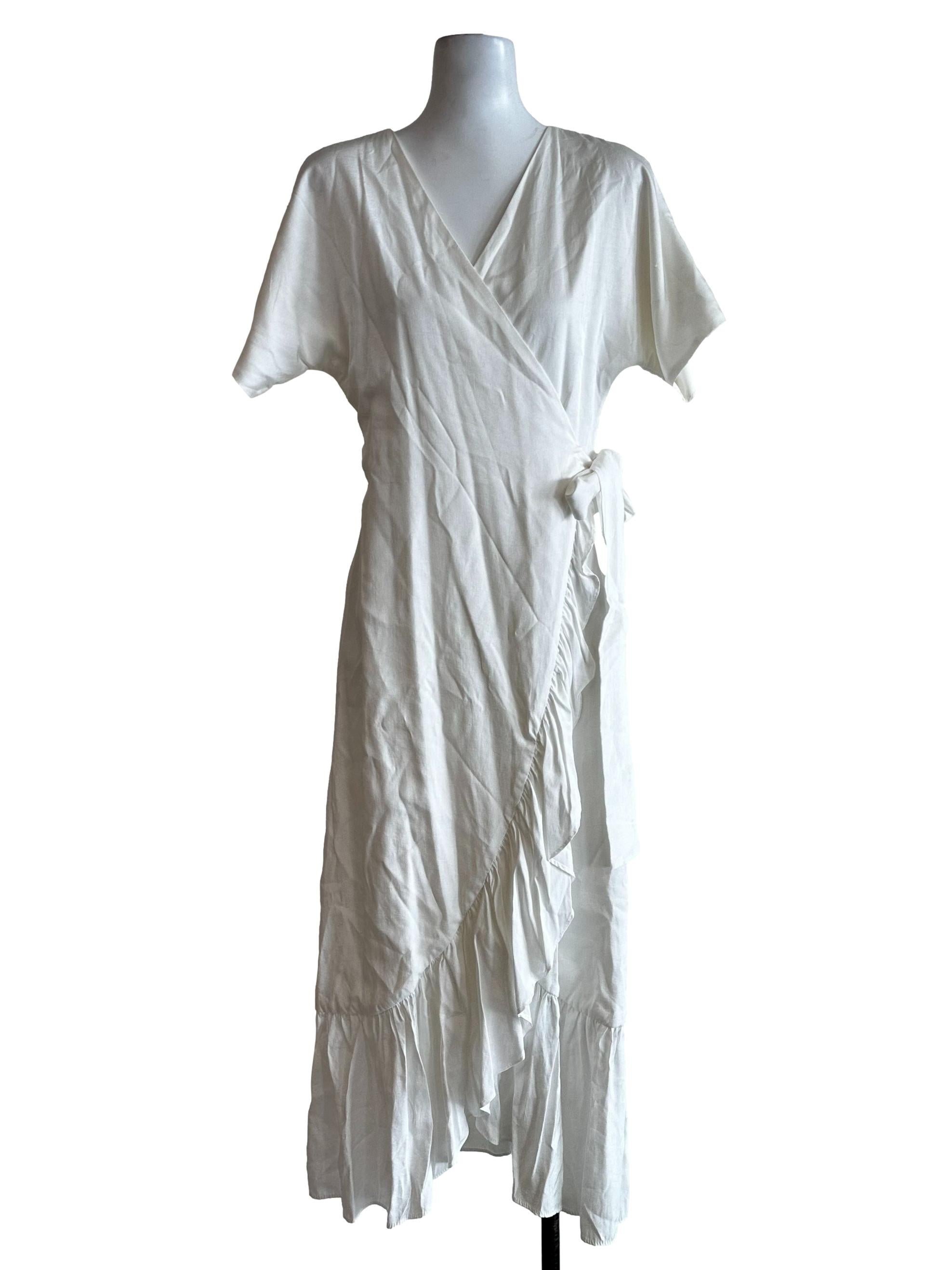 Daisy White Ruffles Pattern Wrap Dress