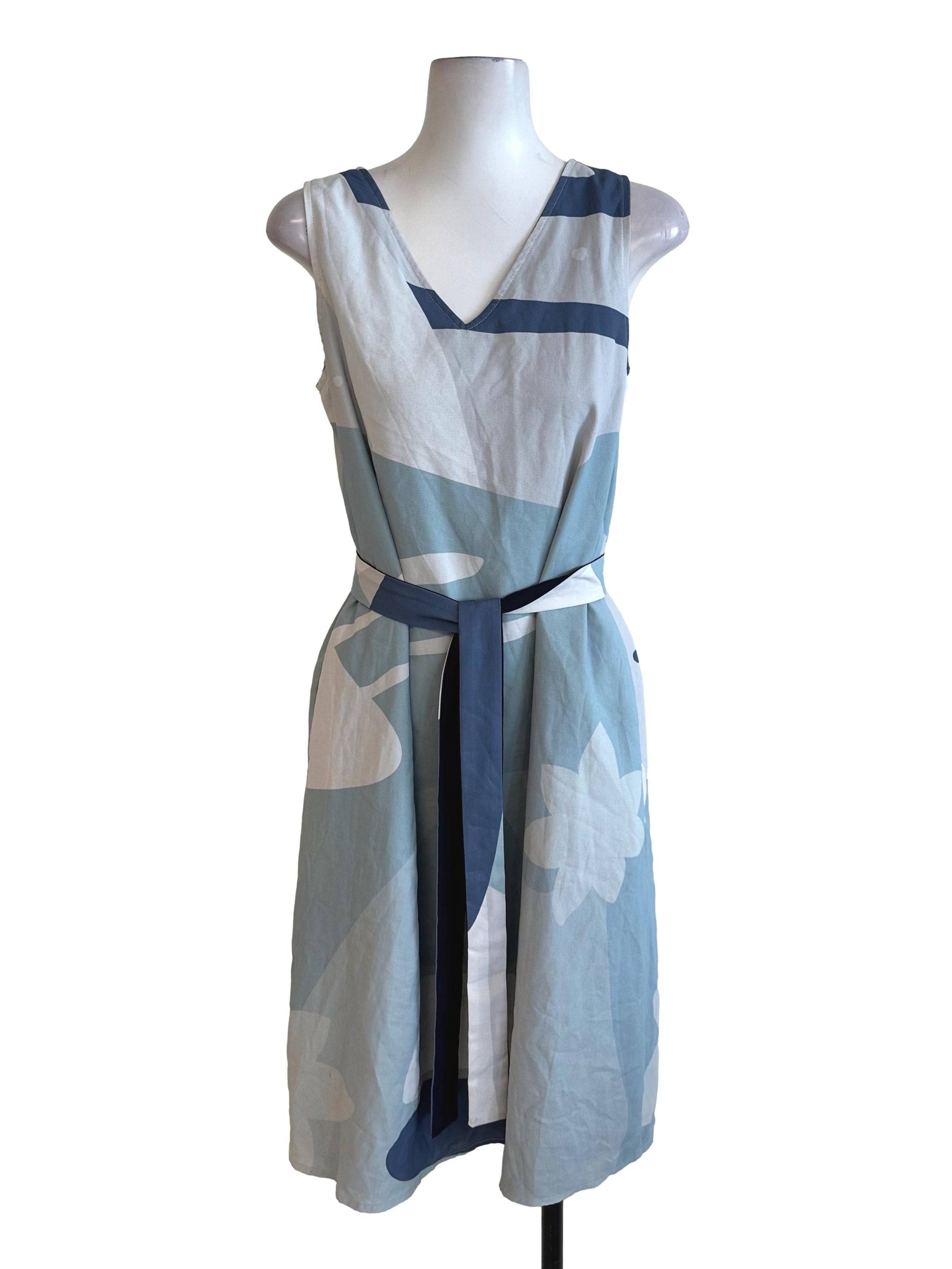 Ocean Blue Pattern V Neck Strap Dress