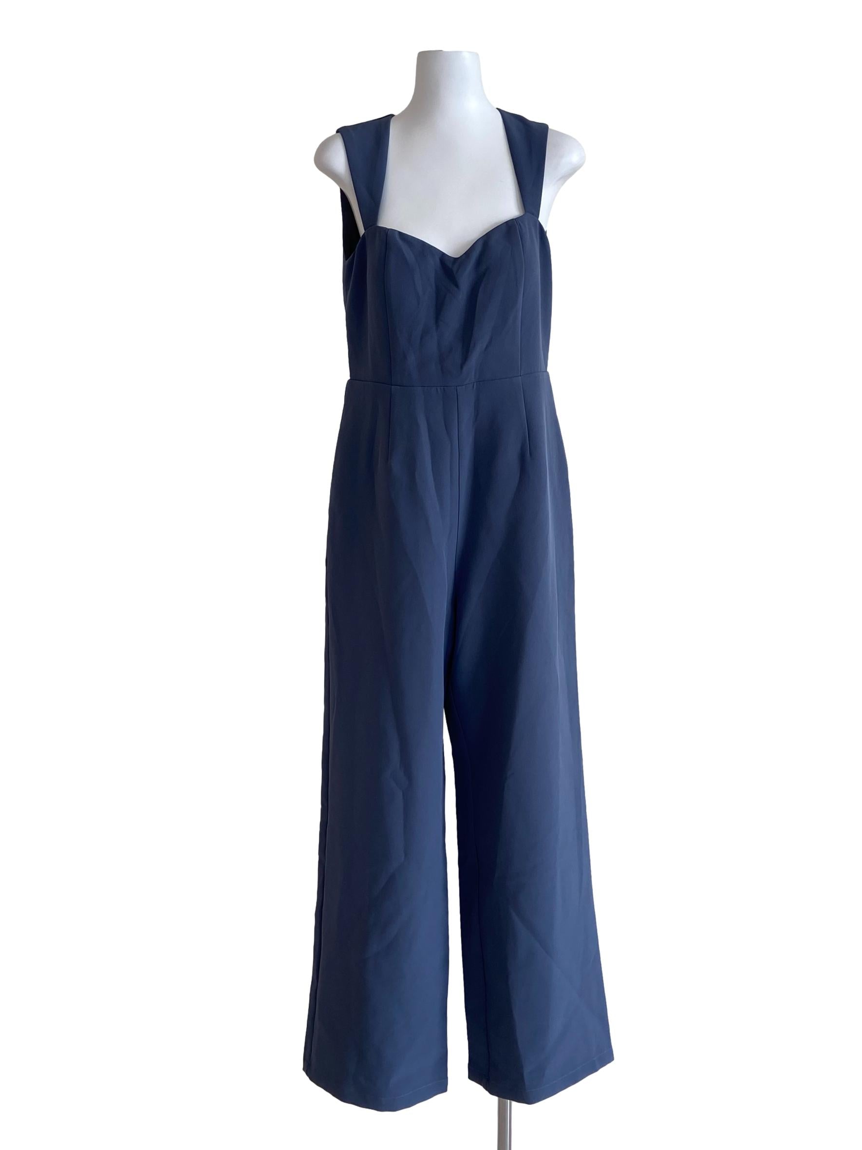 Stone Blue Herringbone Sweetheart Neck Jumpsuit