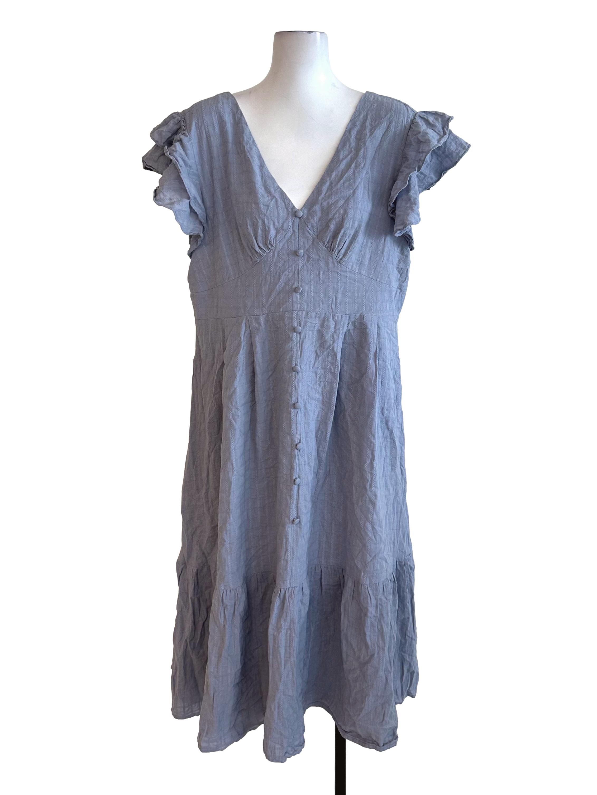 Dusty Blue V Neck Textured Ruffle Dress