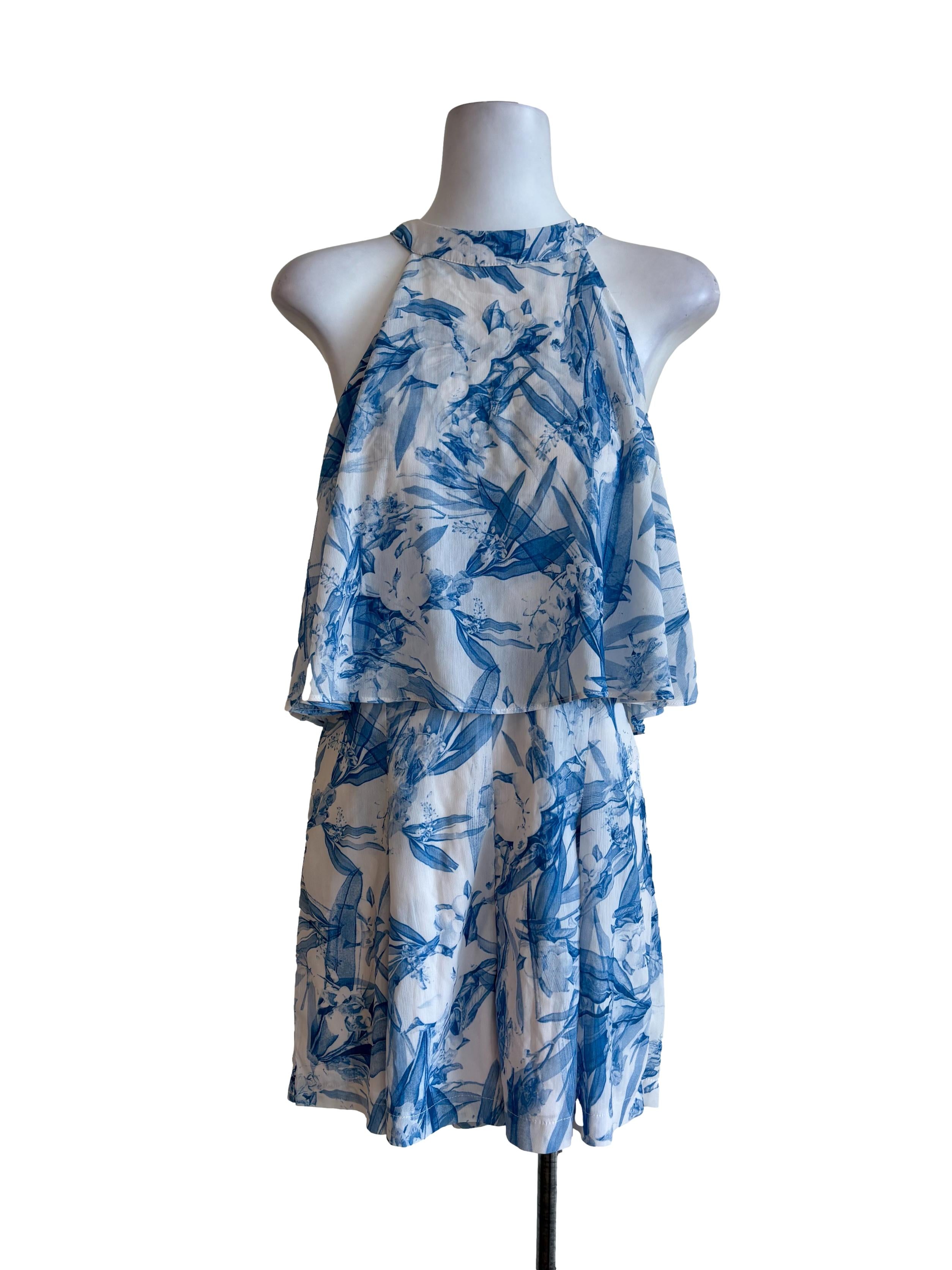 White Blue Floral Printed Halter Rompers