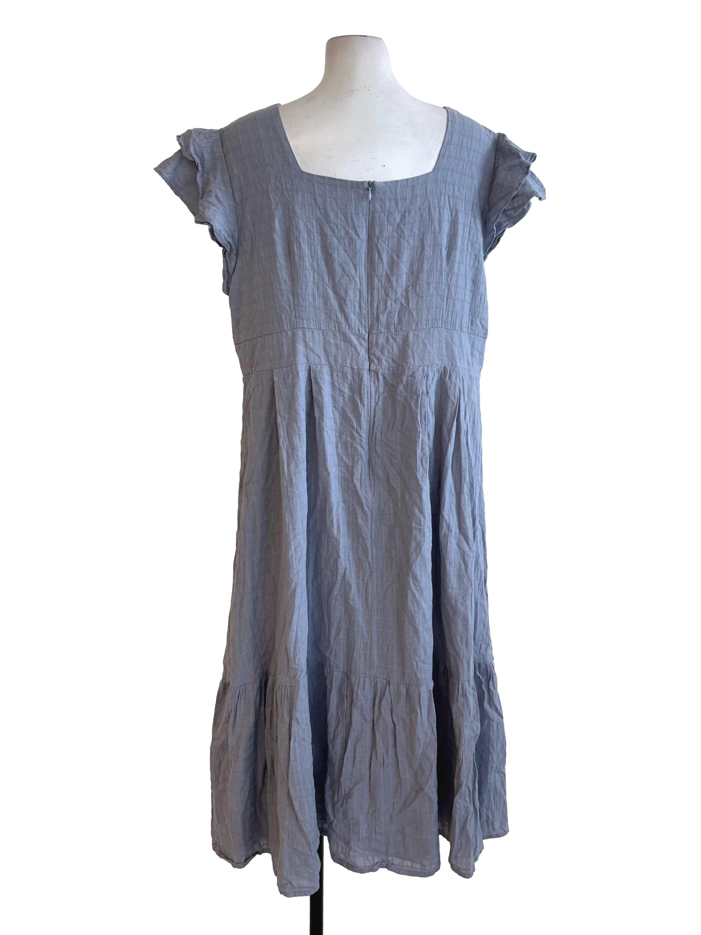 Dusty Blue V Neck Textured Ruffle Dress
