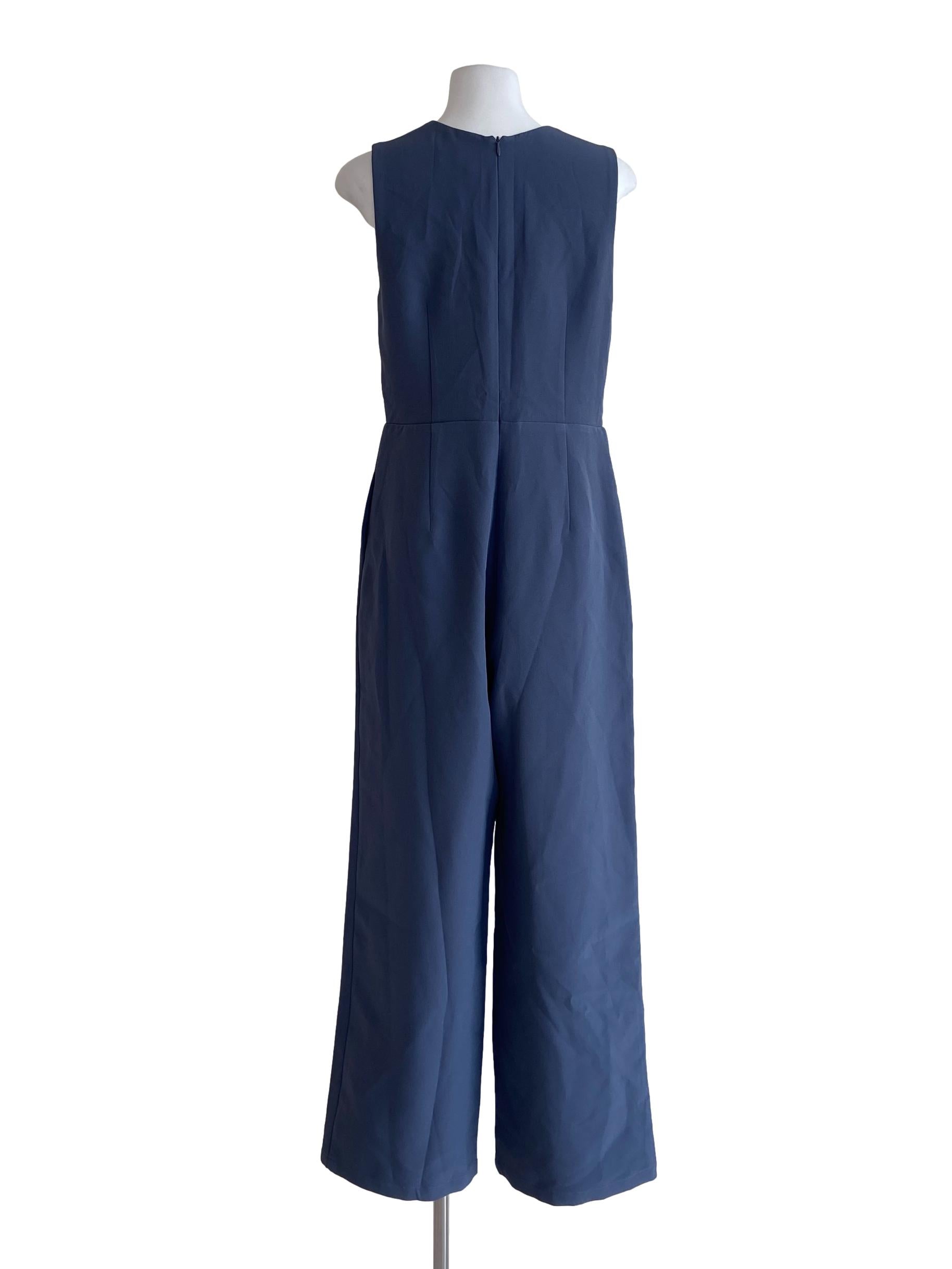 Stone Blue Herringbone Sweetheart Neck Jumpsuit