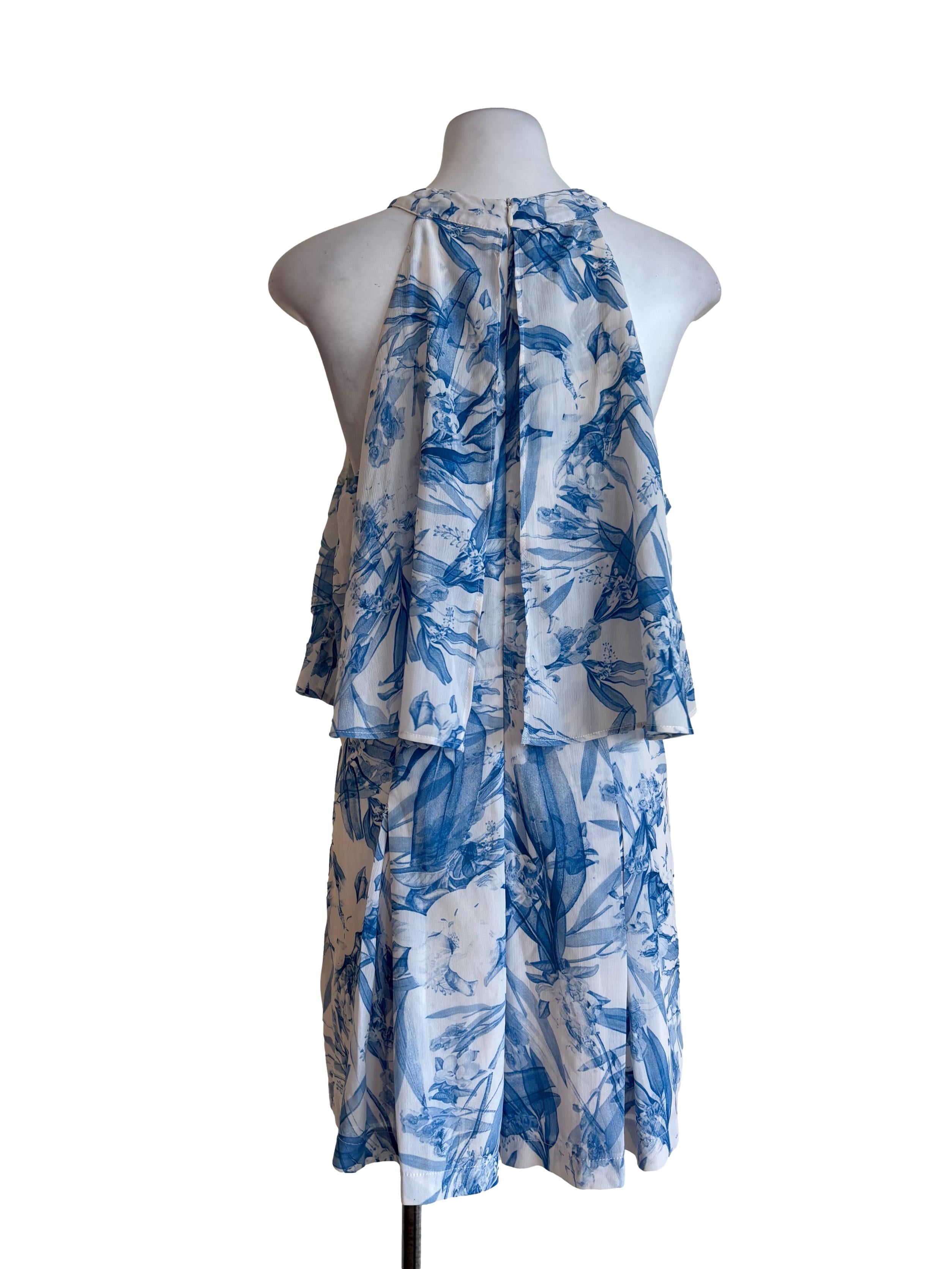 White Blue Floral Printed Halter Rompers