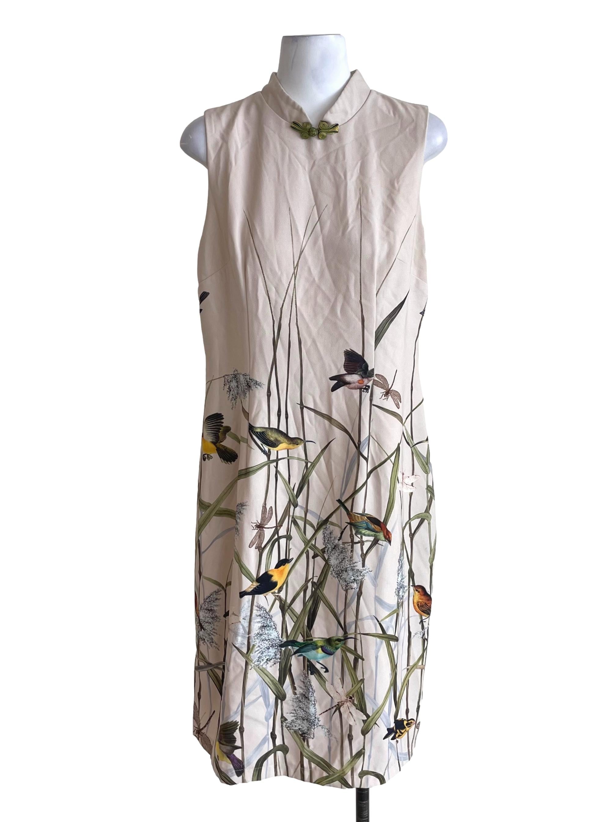 Alabaster White Birds Cheongsam Dress