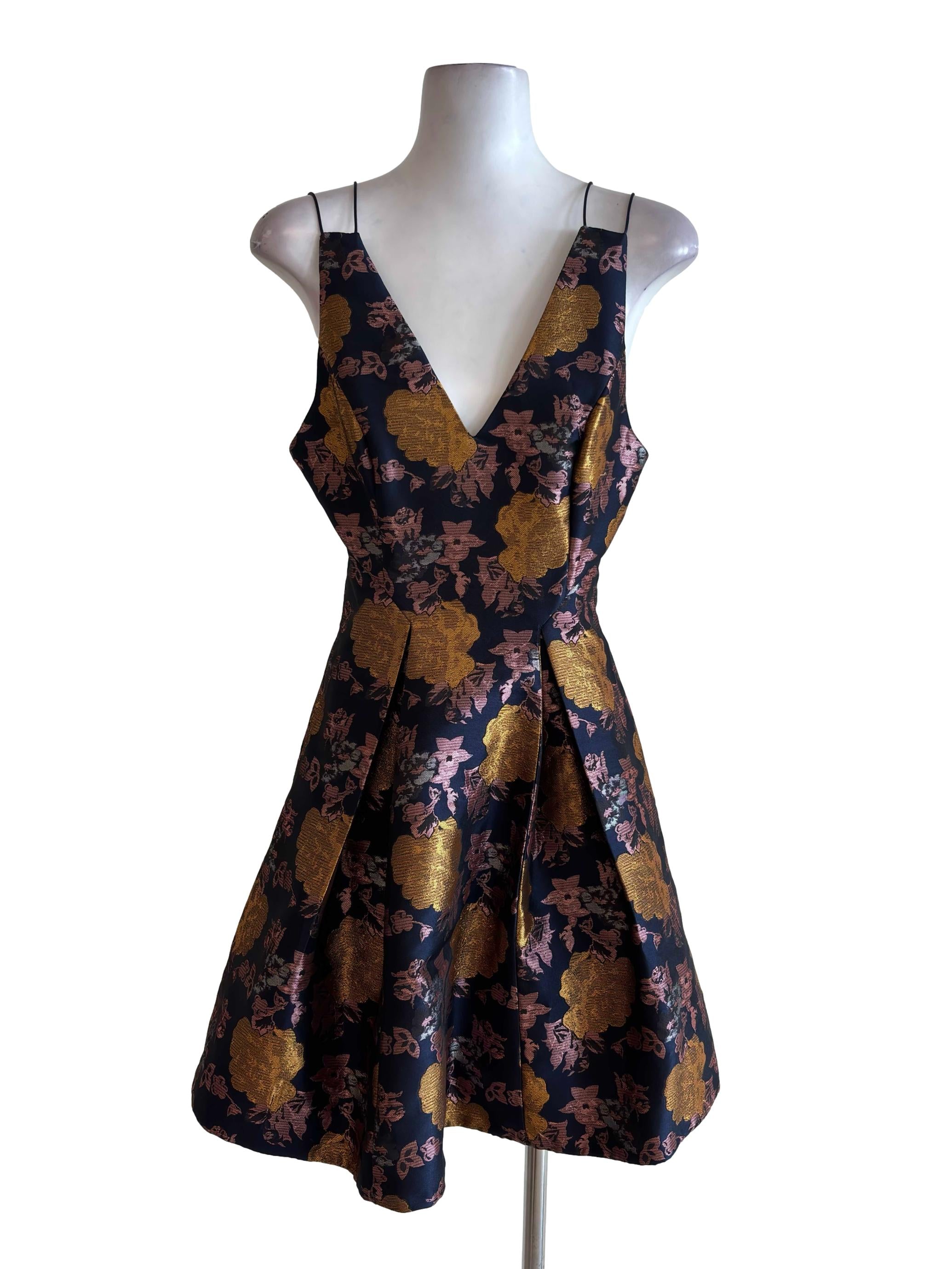 Navy Blue Floral Brocade Strappy Back Mini Dress