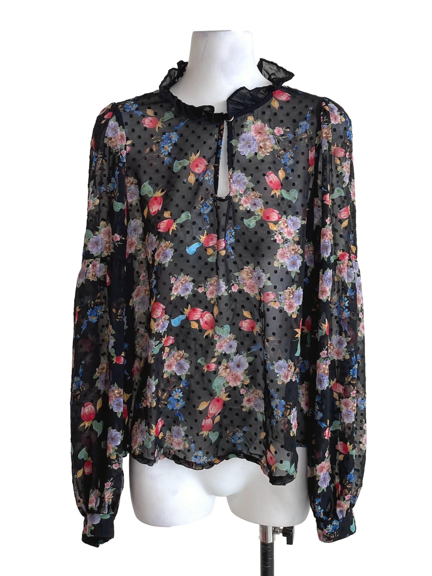Black Floral Puff Sleeves Chiffon Peasant Top