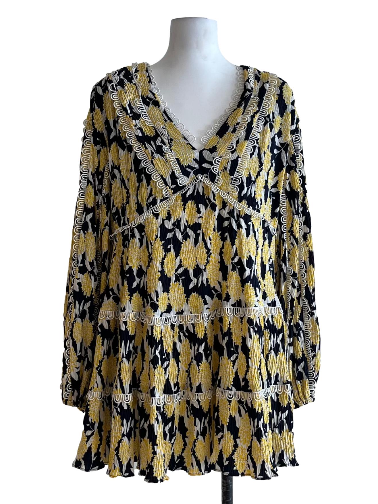 Navy Blue Yellow Pleated Empire Dress