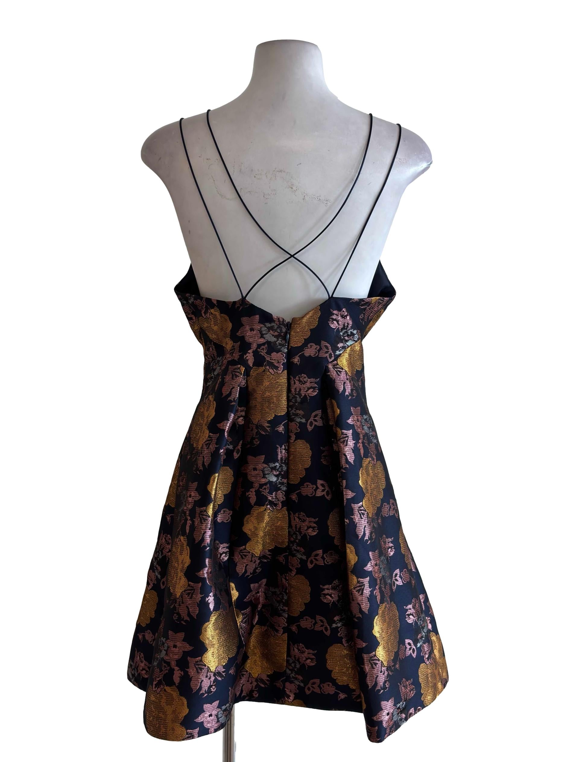 Navy Blue Floral Brocade Strappy Back Mini Dress