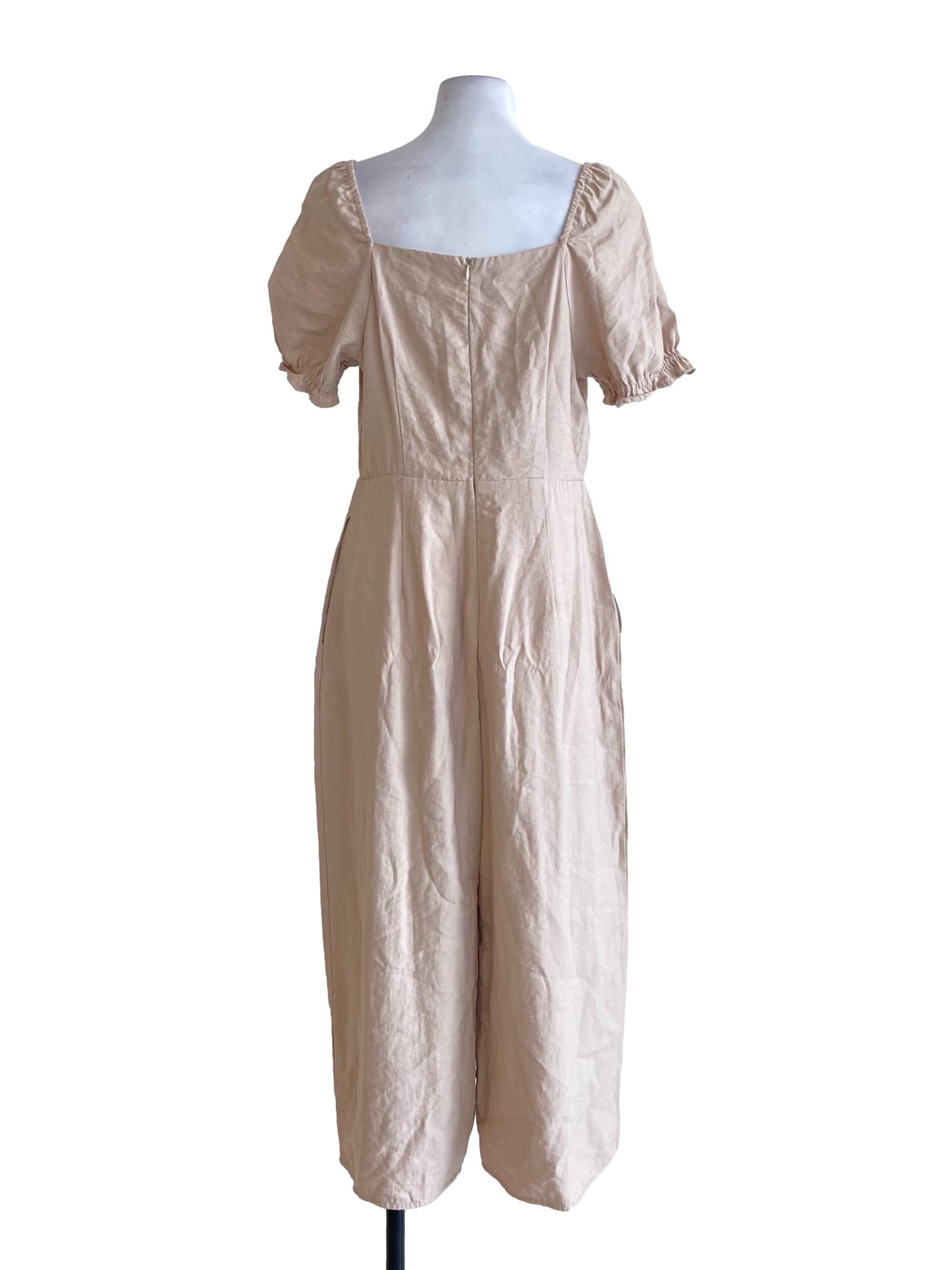 Beige Brown Square Neck Peasant Shirt Jumpsuit