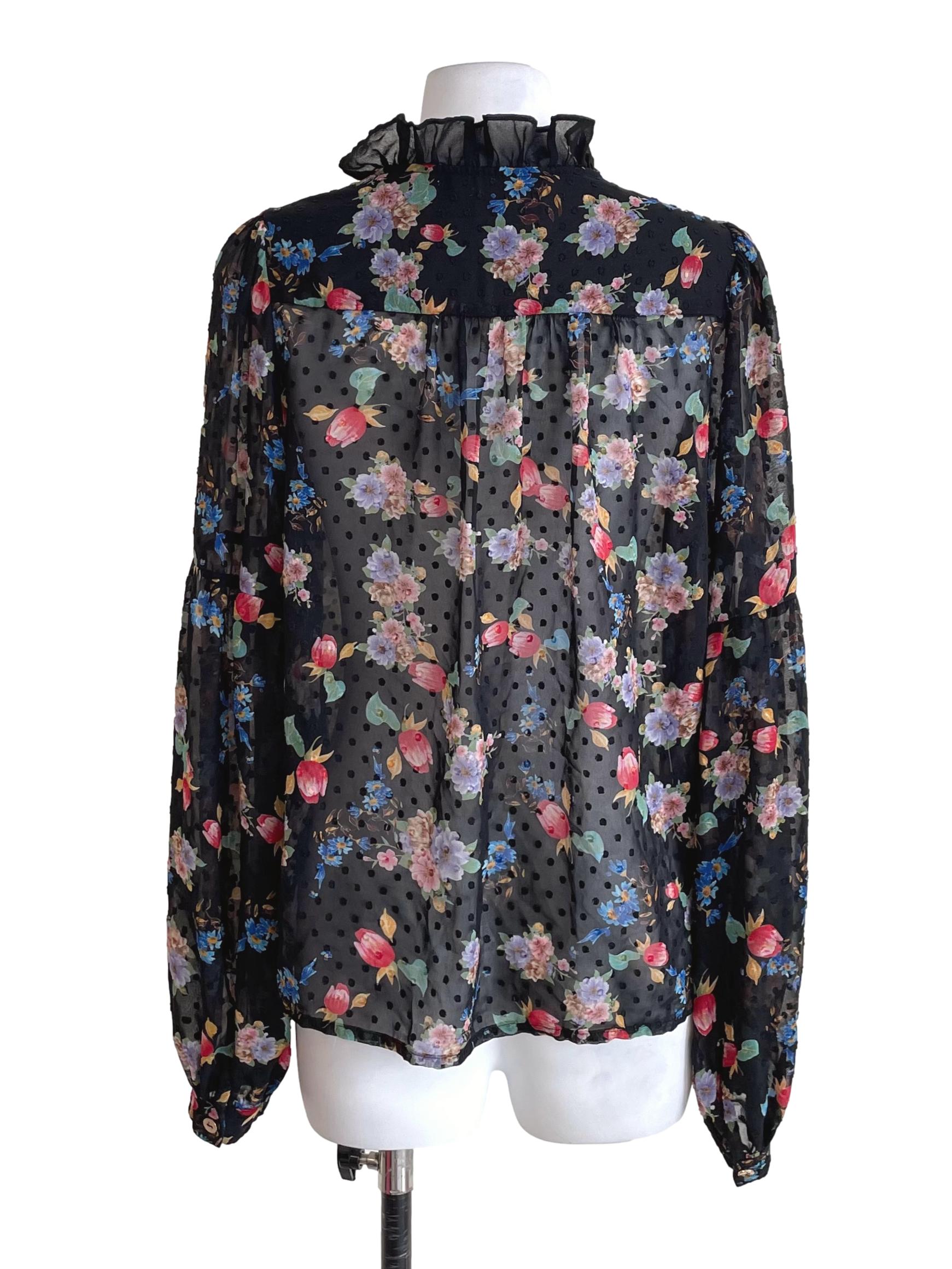 Black Floral Puff Sleeves Chiffon Peasant Top