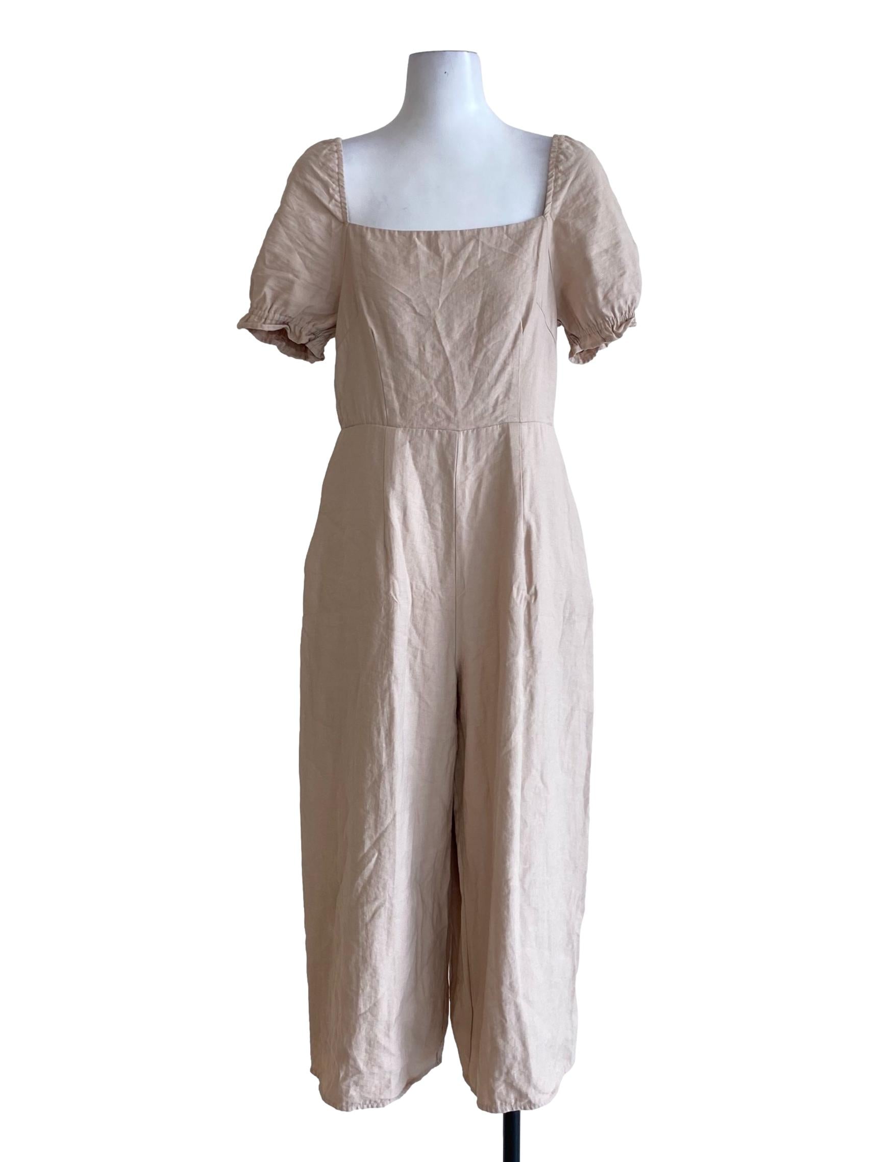 Beige Brown Square Neck Peasant Shirt Jumpsuit