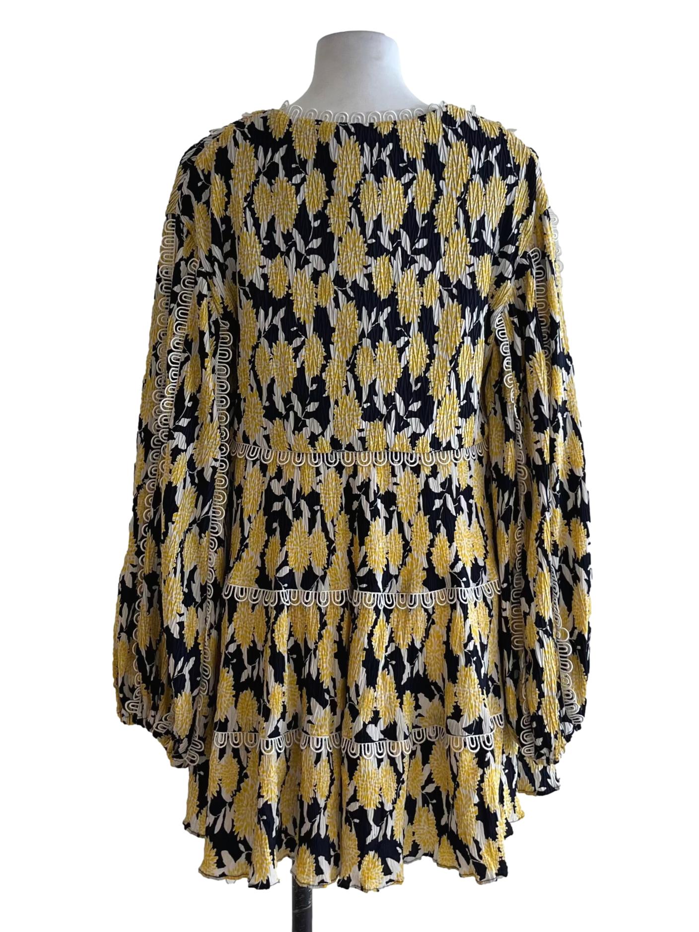 Navy Blue Yellow Pleated Empire Dress