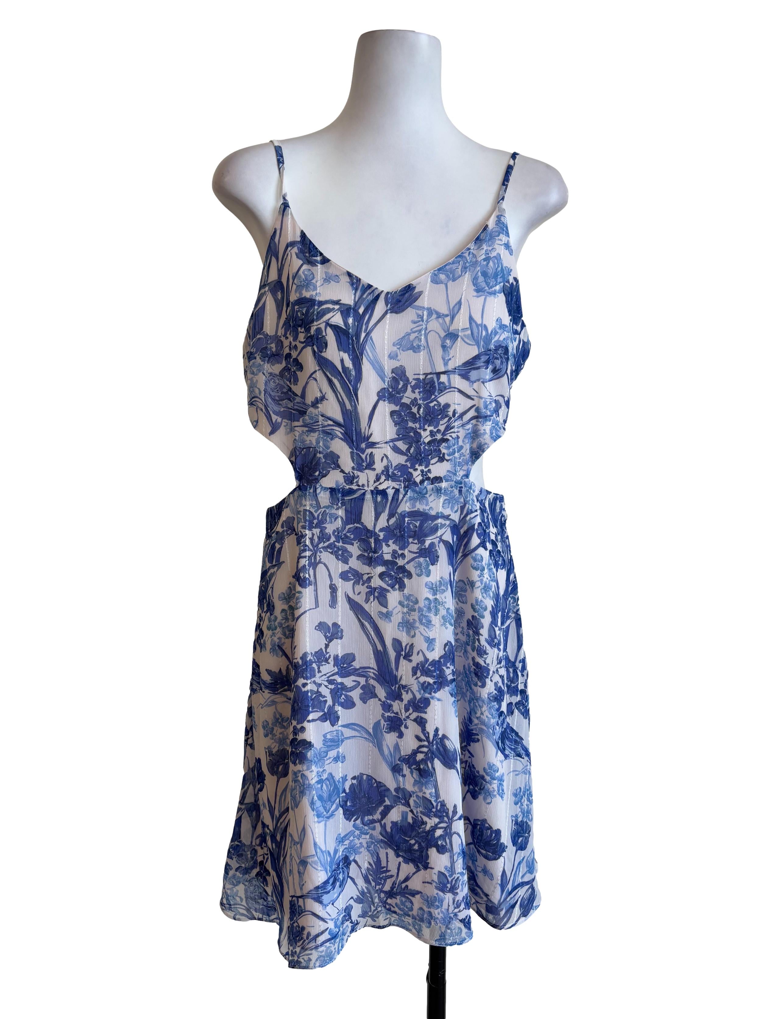 White Blue Floral Printed Cutout Slip Dress