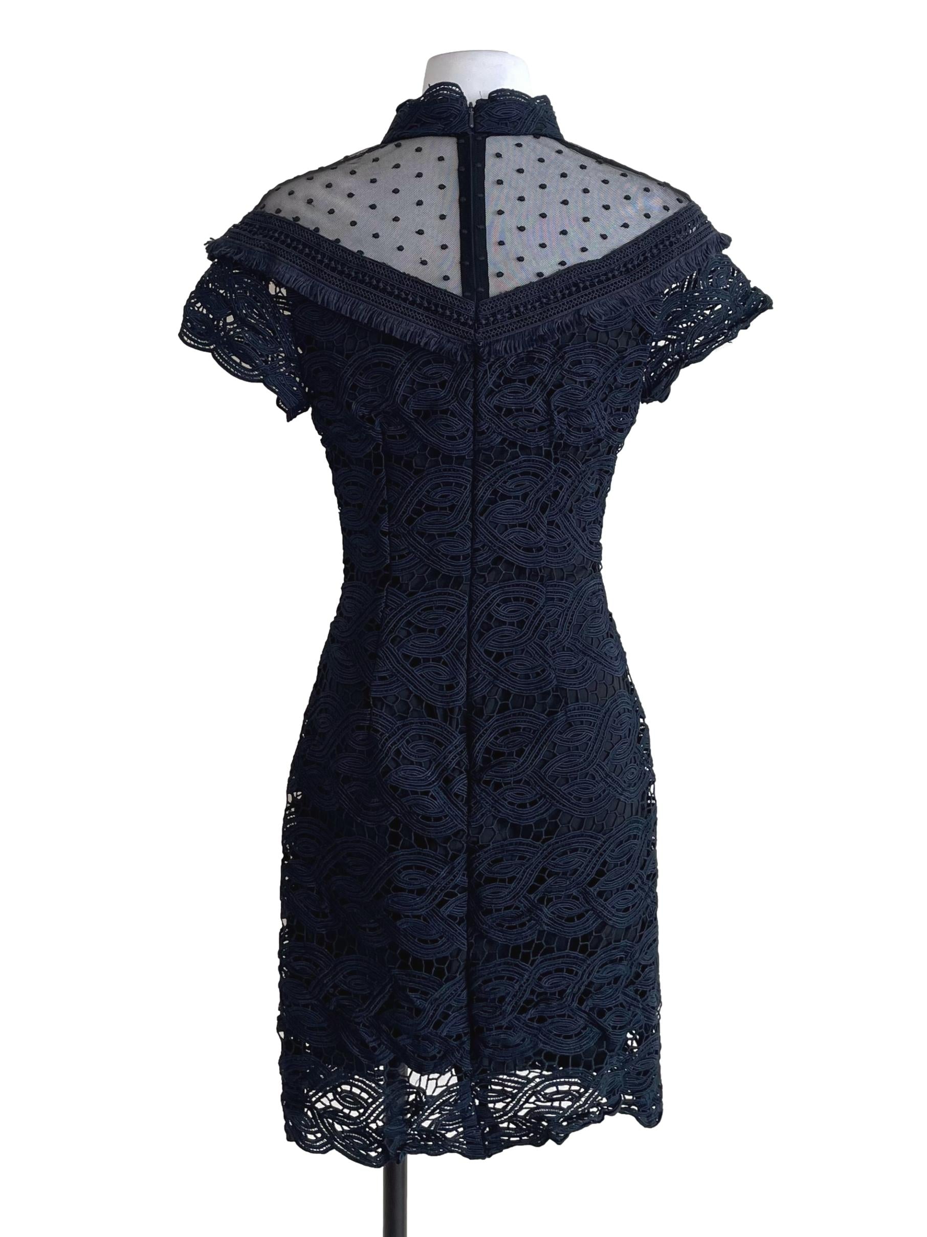 Denim Blue Embroidery High Neck Sheath Dress