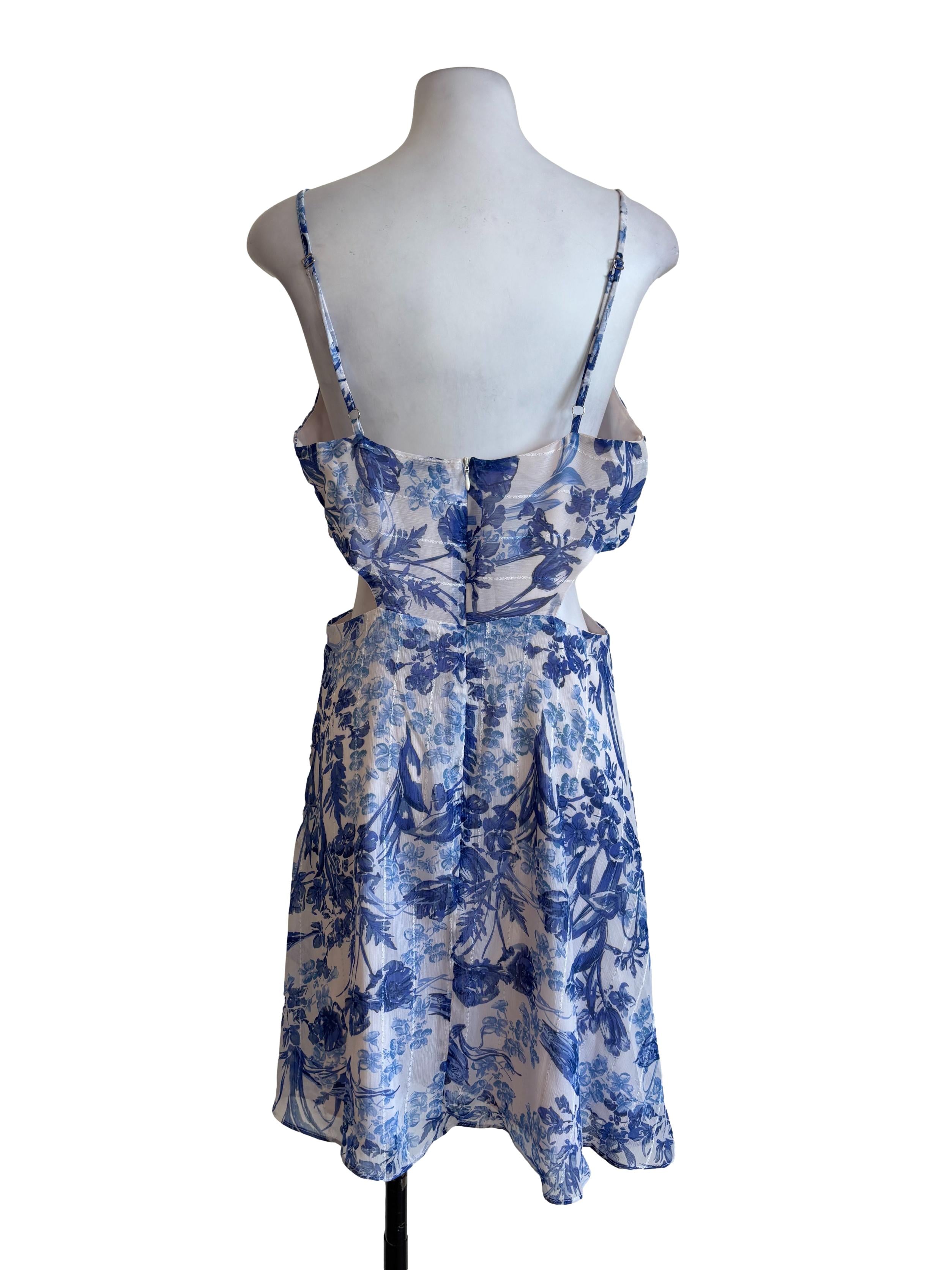 White Blue Floral Printed Cutout Slip Dress