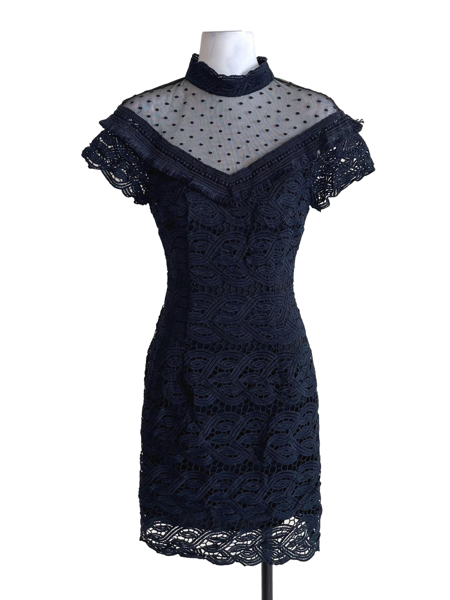 Denim Blue Embroidery High Neck Sheath Dress