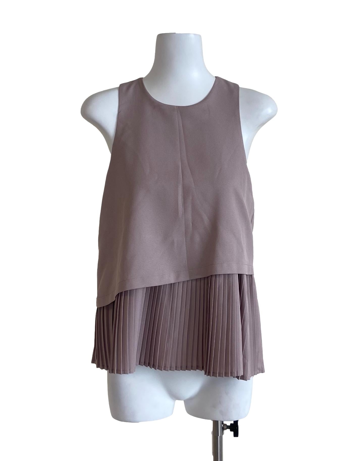 Sepia Beige Half Accordion Sleeveless Blouse