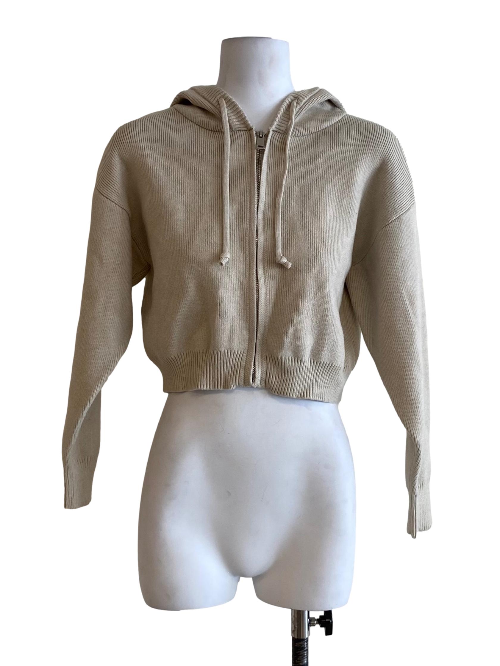 Beige Knitted Cropped Hoodie
