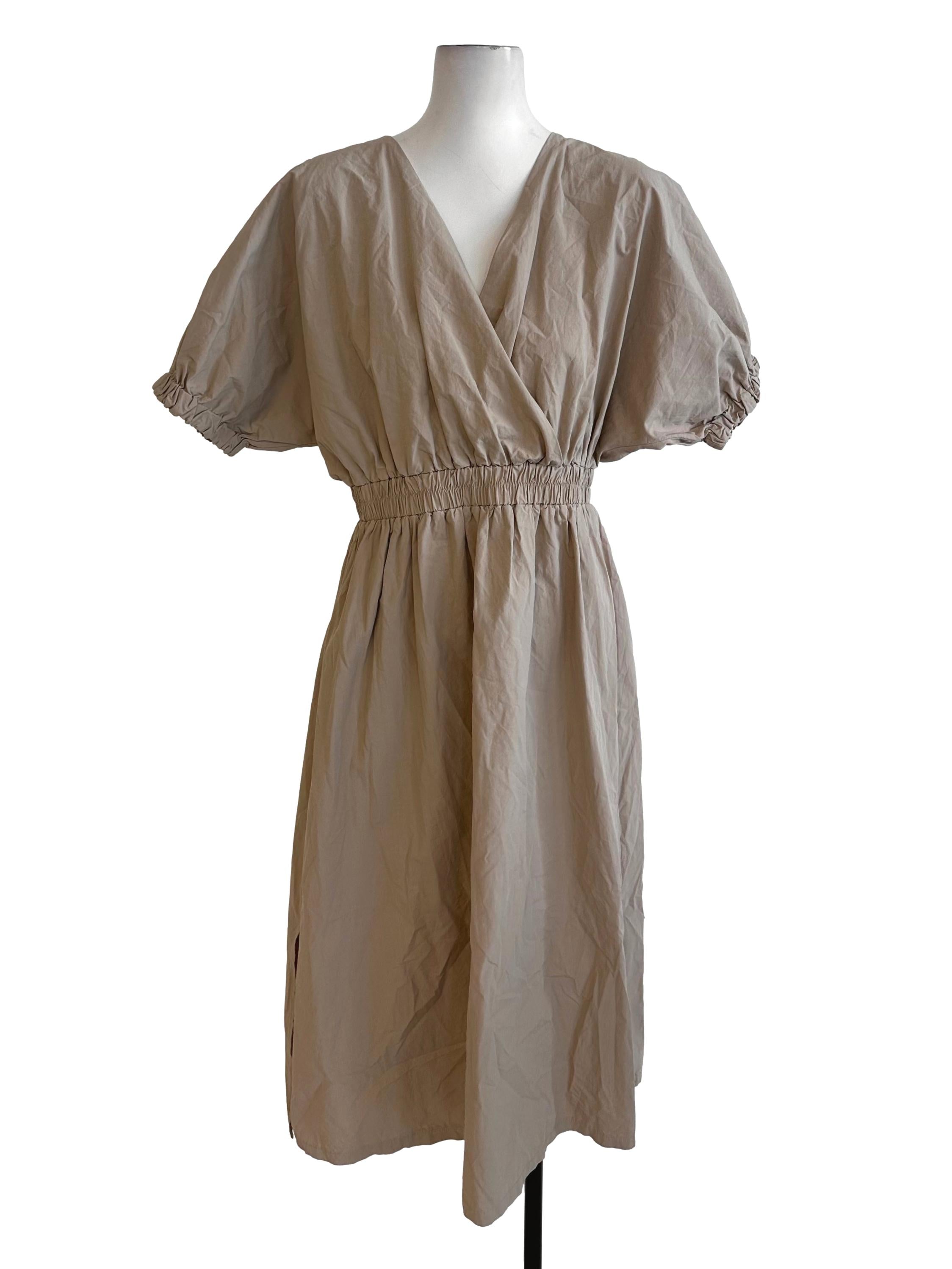 Latte Brown V Neck Puff Sleeve Dress TEM